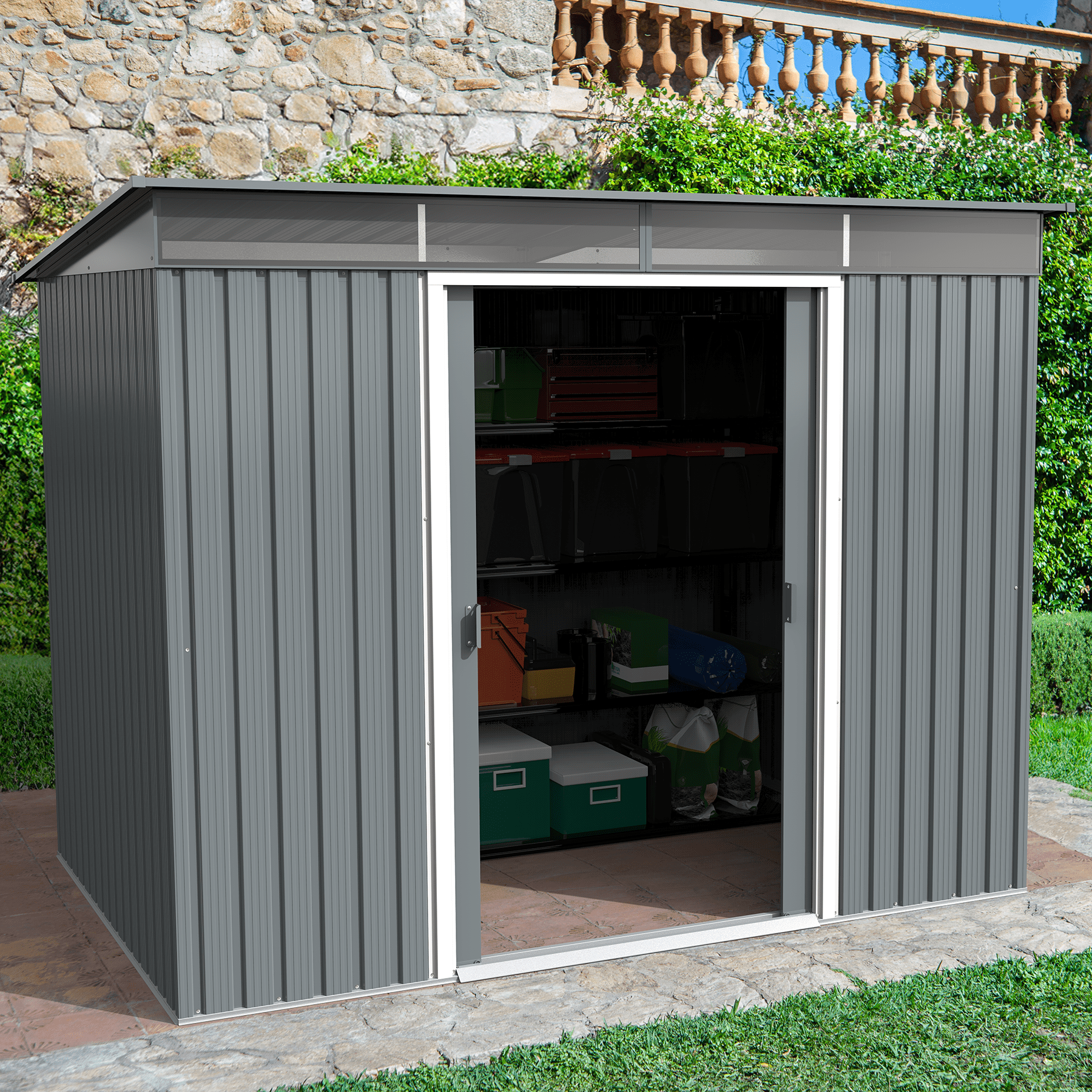 Gray 6' x 8' Metal Storage Shed with Sliding Door