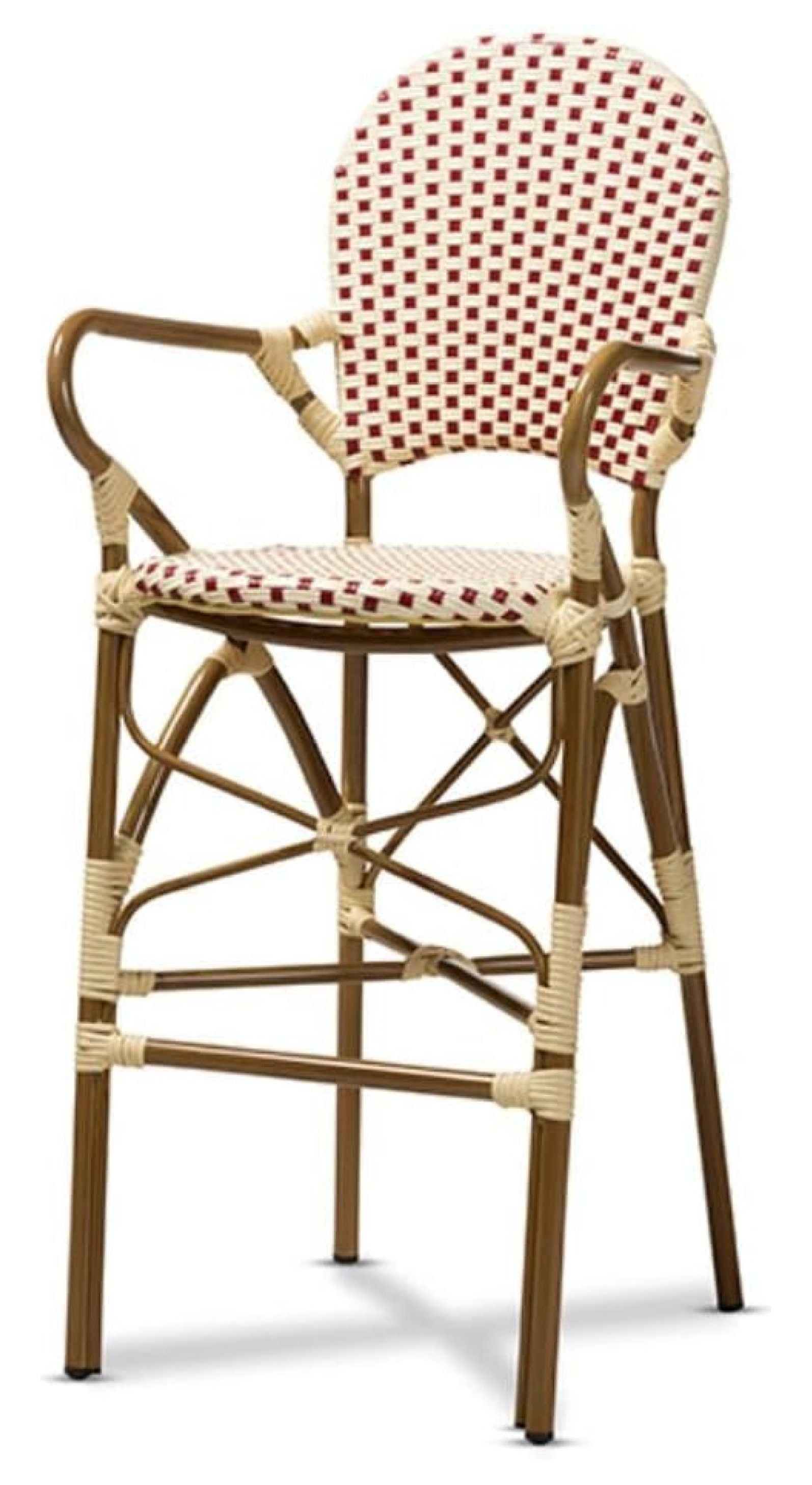 Beige and Red Woven Bamboo Style Bar Stool