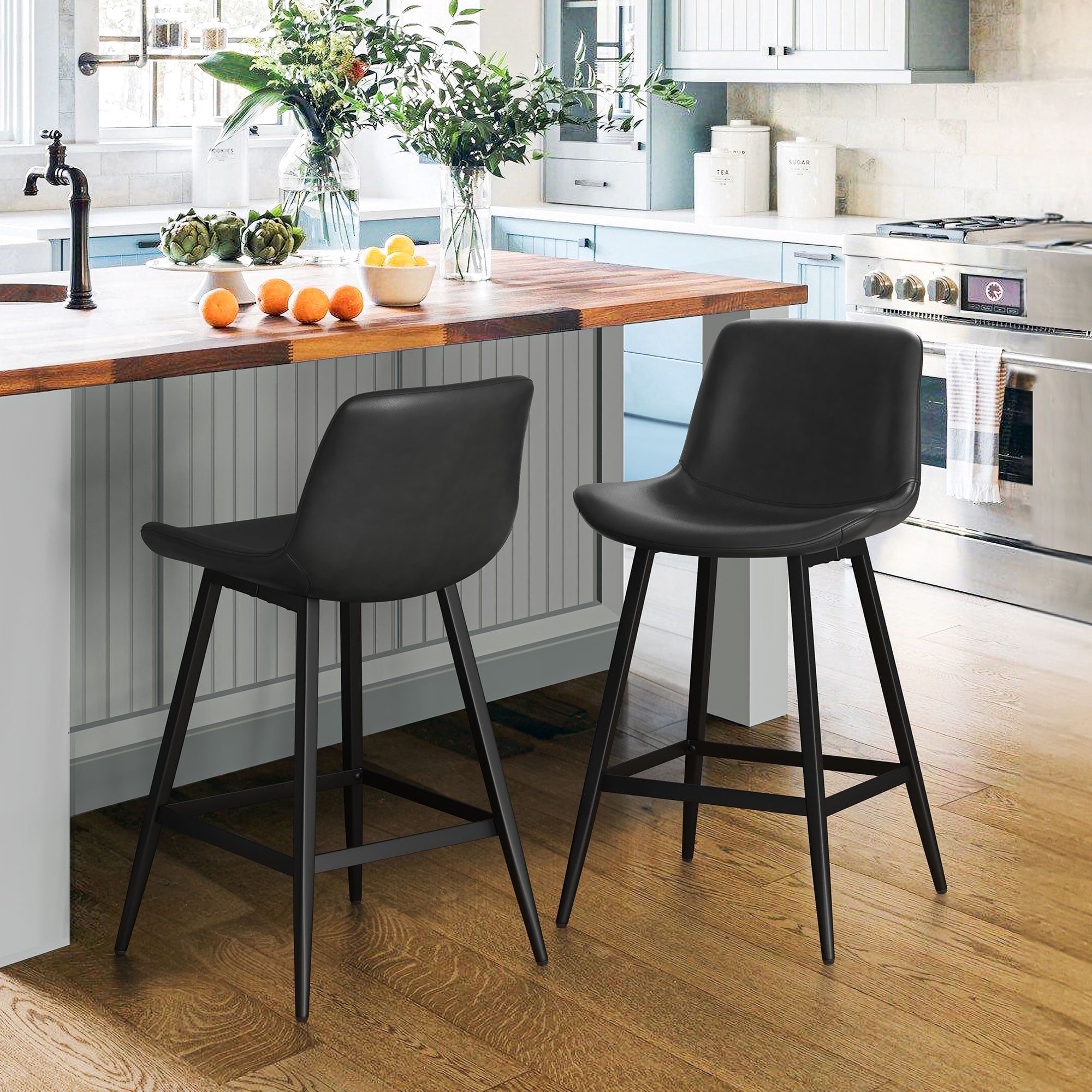 24" Black Faux Leather and Metal Counter Stools, Set of 2