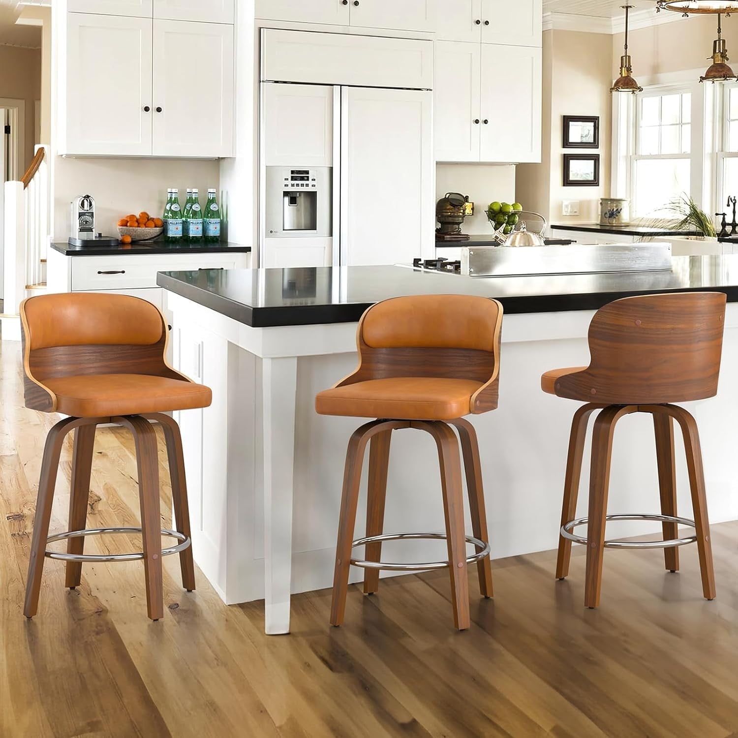 Whiskey Brown Faux Leather and Wood Swivel Counter Stools, Set of 3