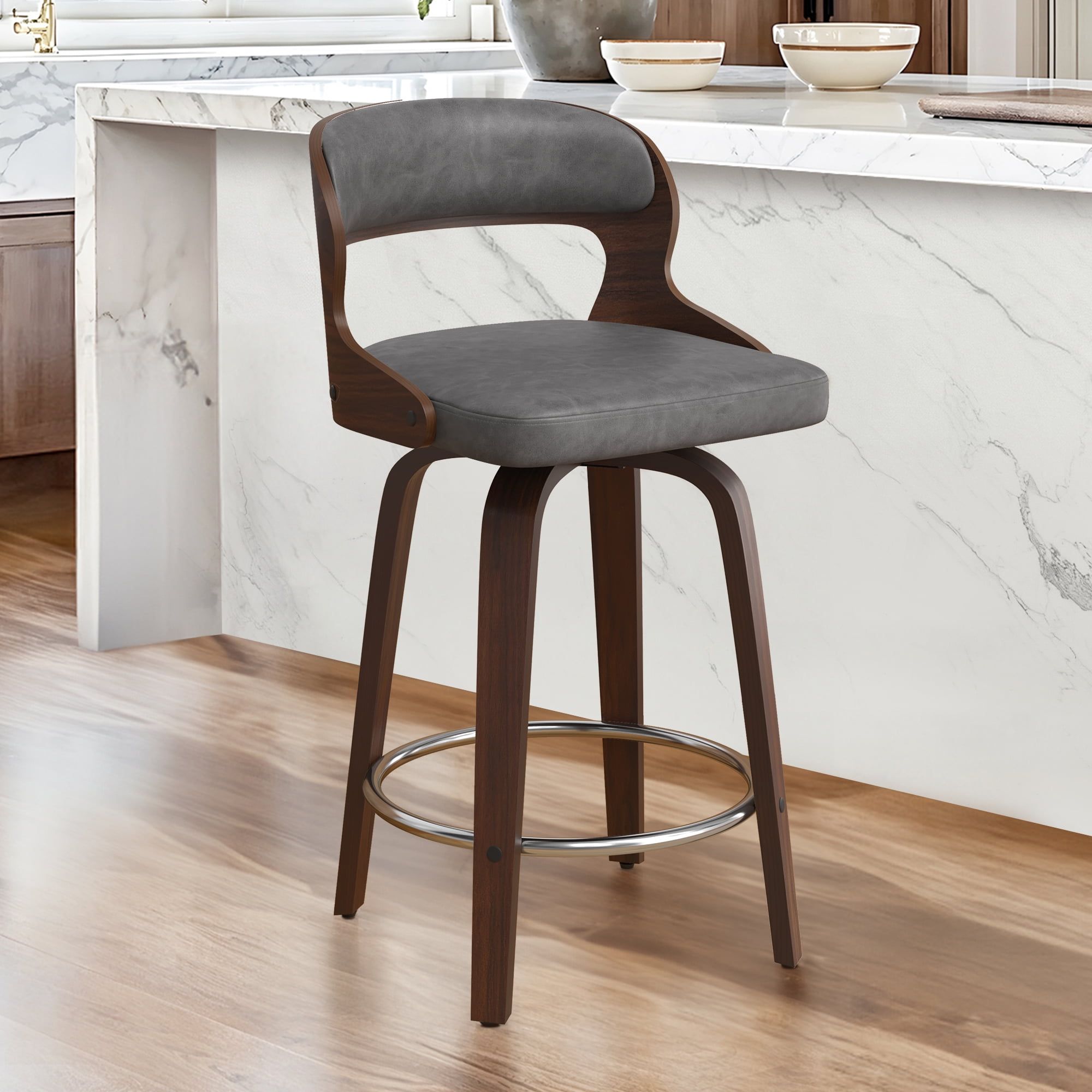 Gray Faux Leather and Walnut Wood Swivel Counter Stool