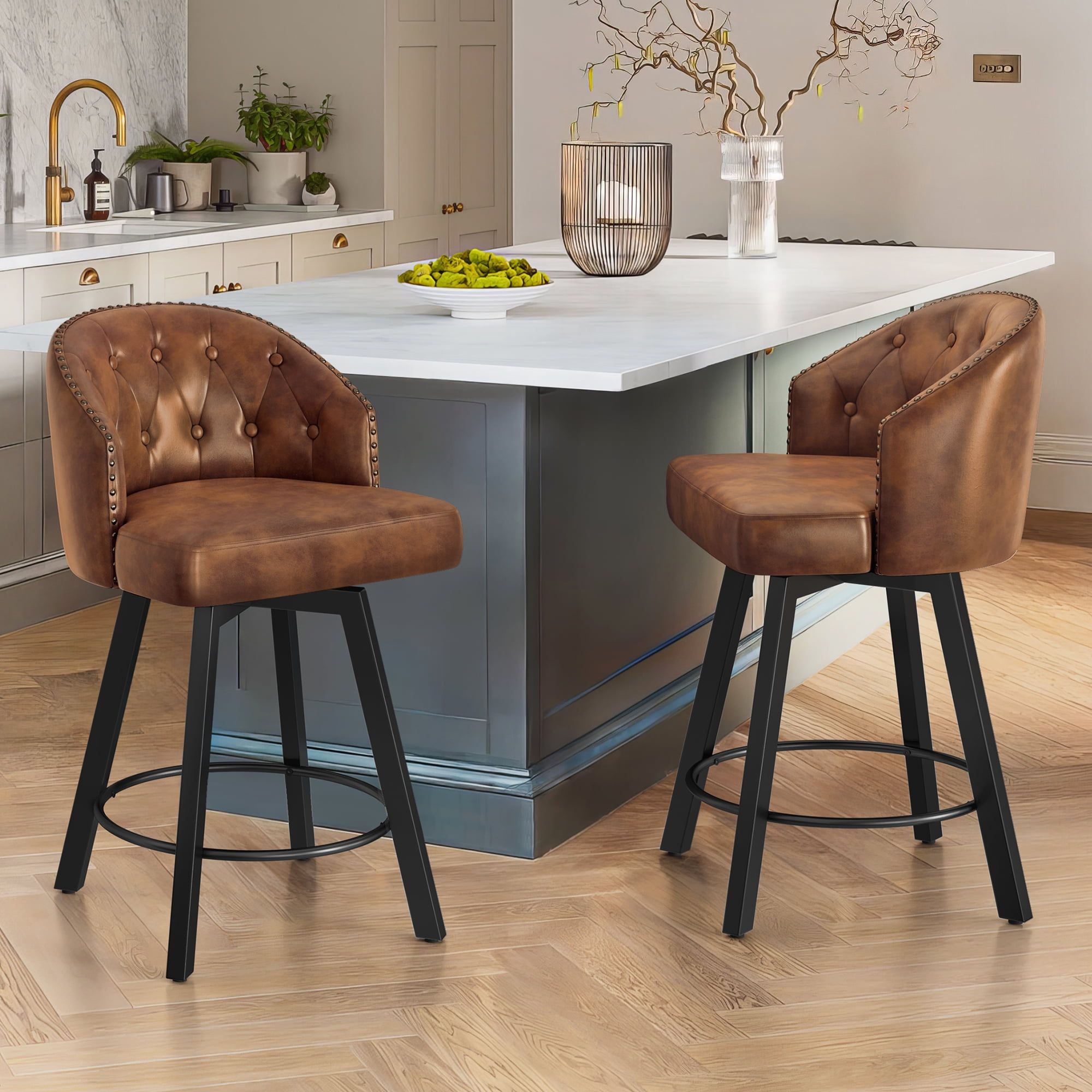 Brown Faux Leather Swivel Counter Height Bar Stools with Metal Legs, Set of 2