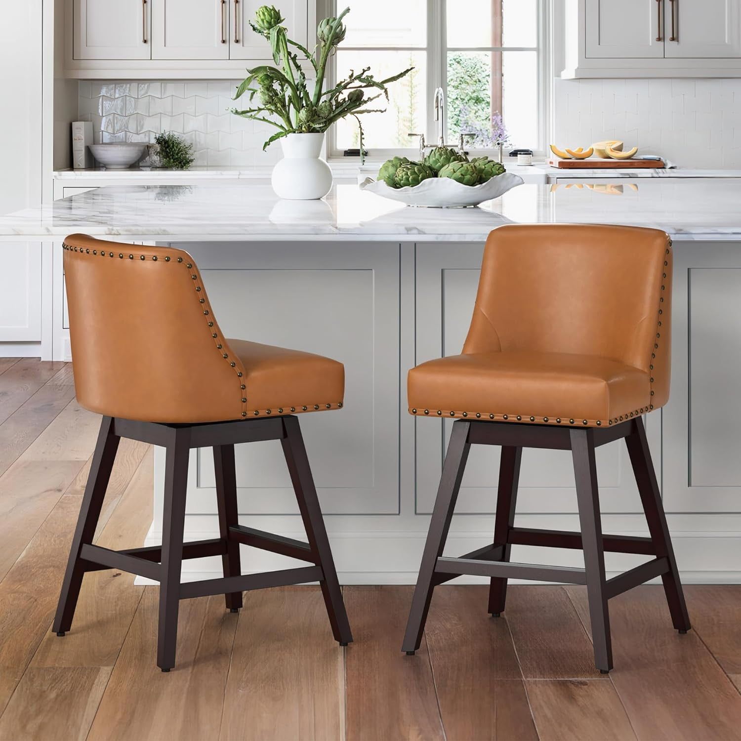 Cognac Brown 26'' Swivel Counter Stools with Nailhead Trim, Set of 2