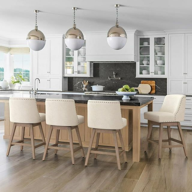 Beige Linen Upholstered Swivel Bar Stools with Solid Wood Legs, Set of 4