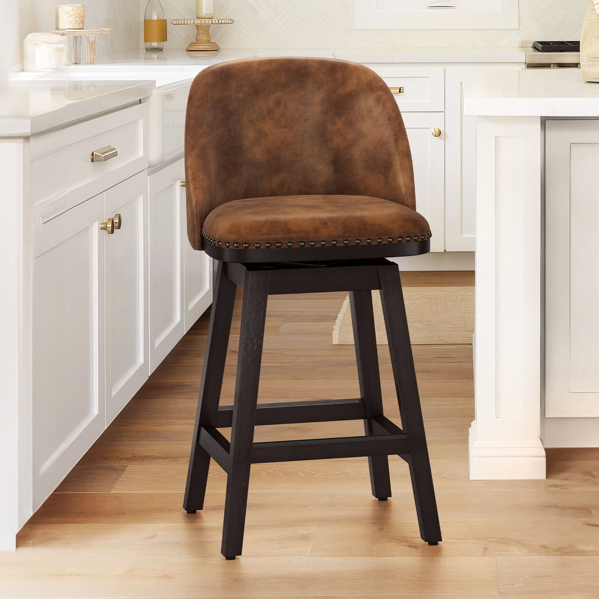 Brown Faux Leather 26'' Swivel Bar Stool with Solid Wood Legs