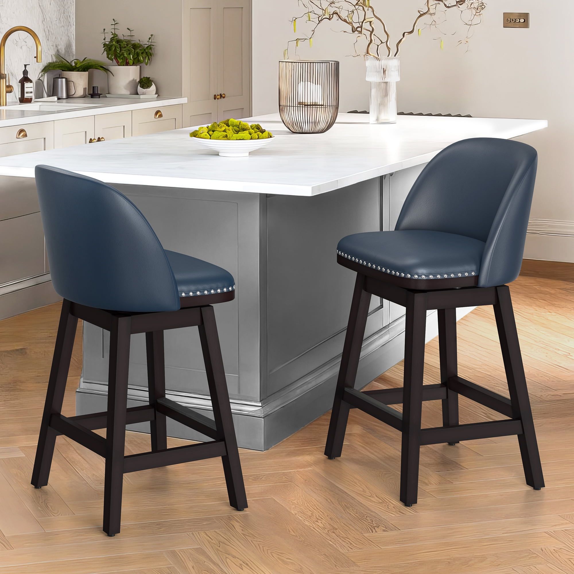 Navy Blue Wood Frame Swivel Counter Stools with Faux Leather, Set of 2