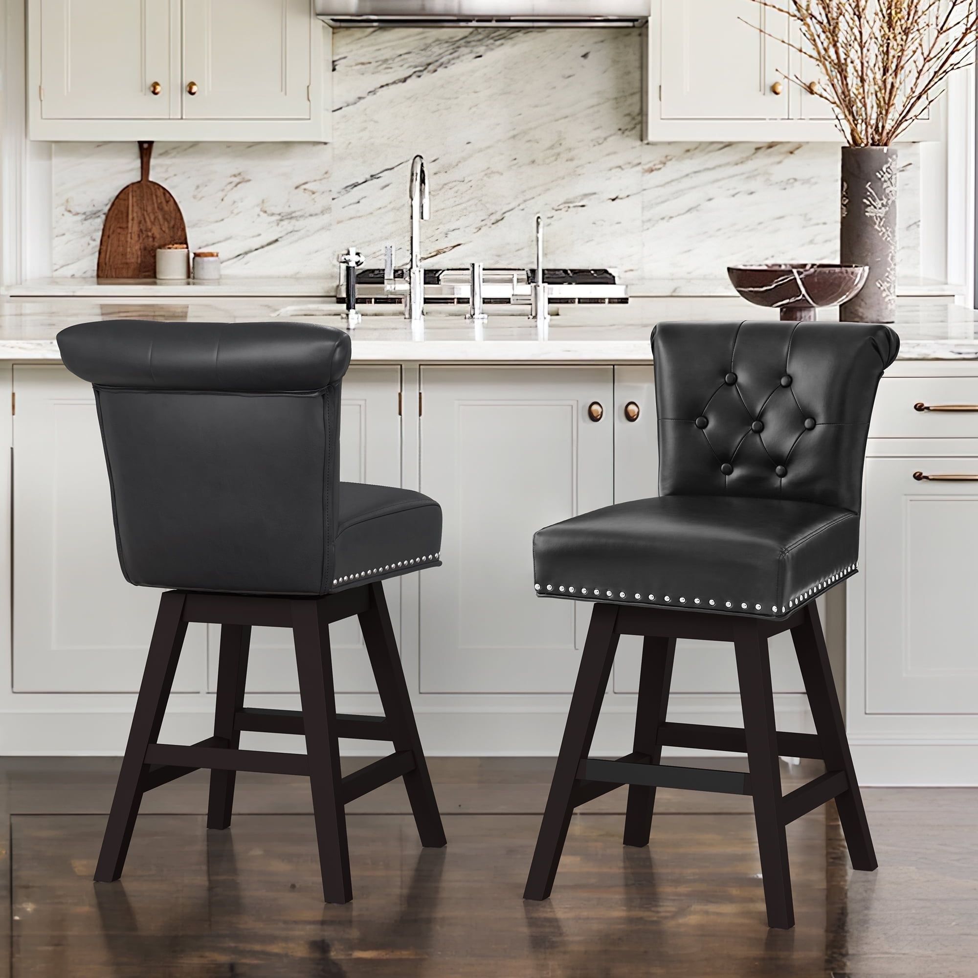 Black Faux Leather 26'' Swivel Bar Stools with Wood Legs