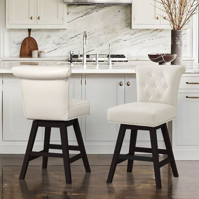 Antique White Faux Leather Swivel Bar Stools with Wood Legs