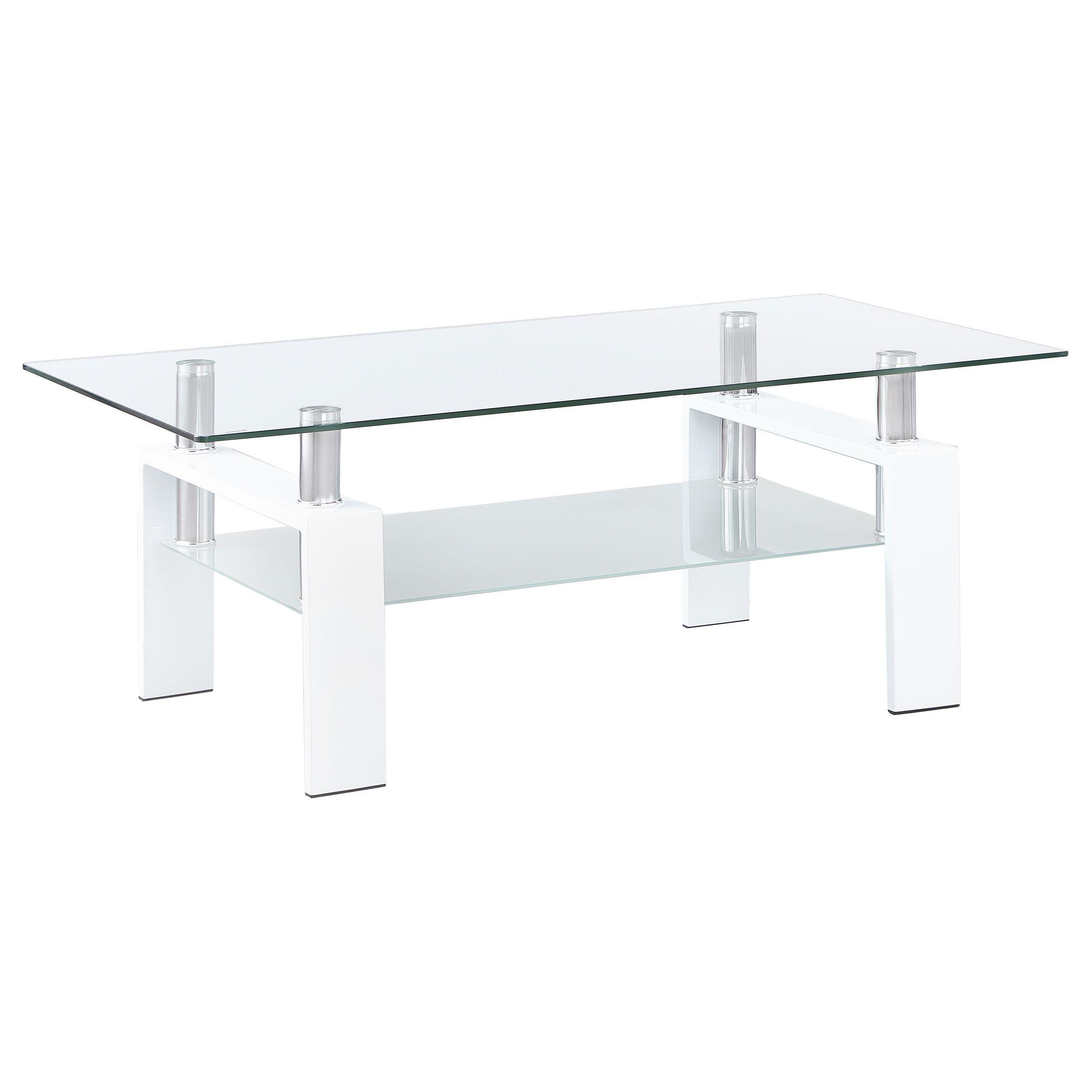 Contemporary Rectangular Glass Coffee Table with White Metal Frame and Shelf