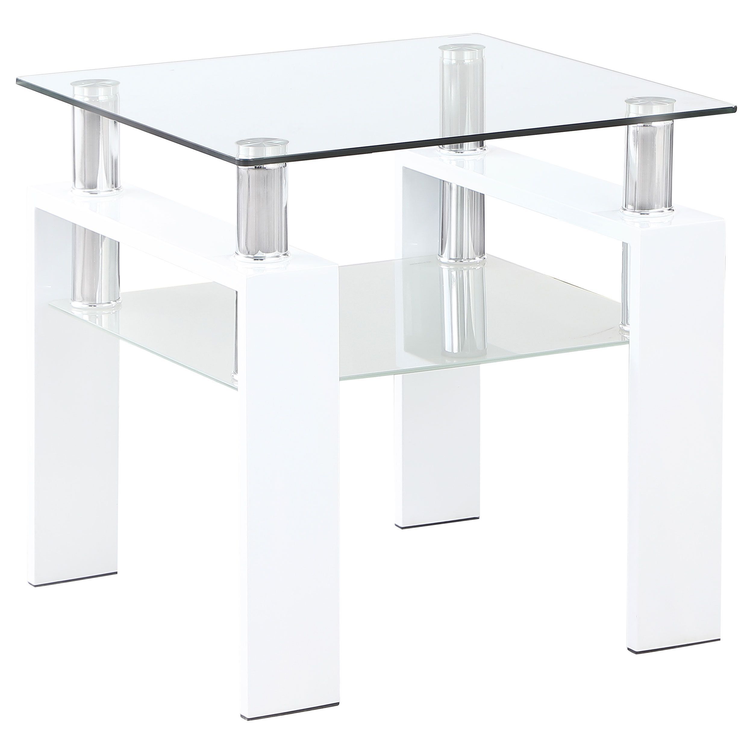 22" White Metal and Glass Square End Table with Shelf