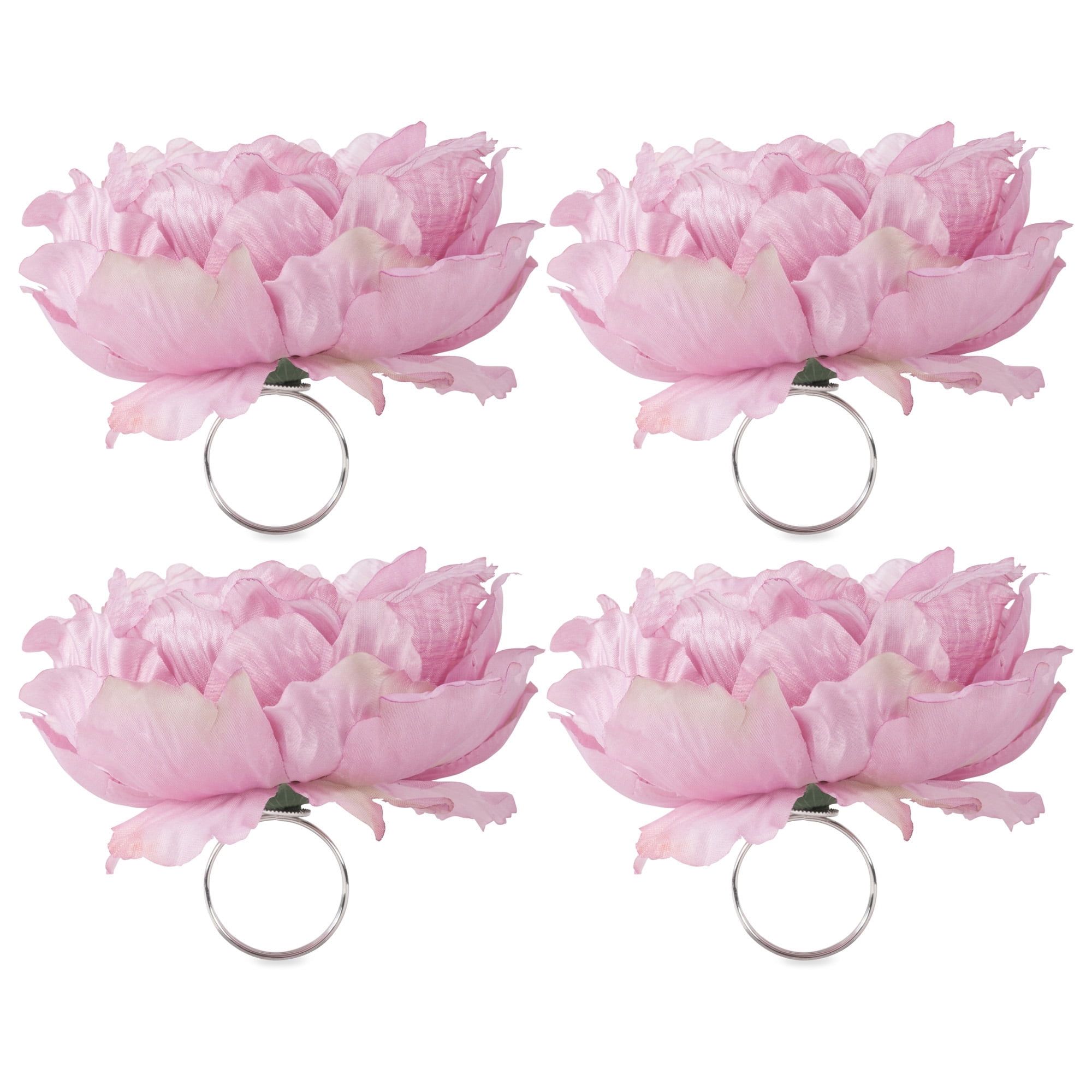 Pink Polyester Peony Flower Napkin Rings Set of 4