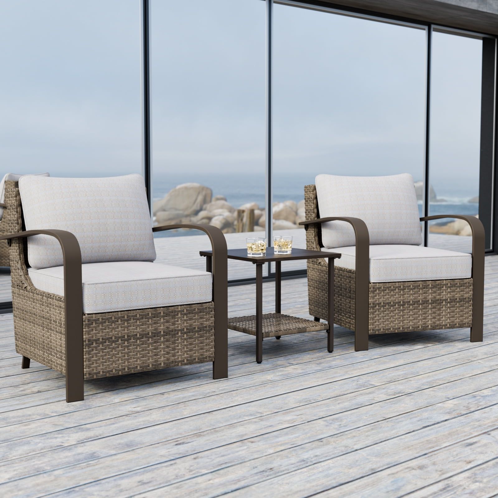 Beige Wicker Rattan 3-Piece Outdoor Chair Set with Side Table