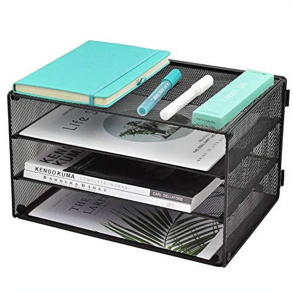 Black Mesh 3-Tier Rectangular Paper Organizer Tray