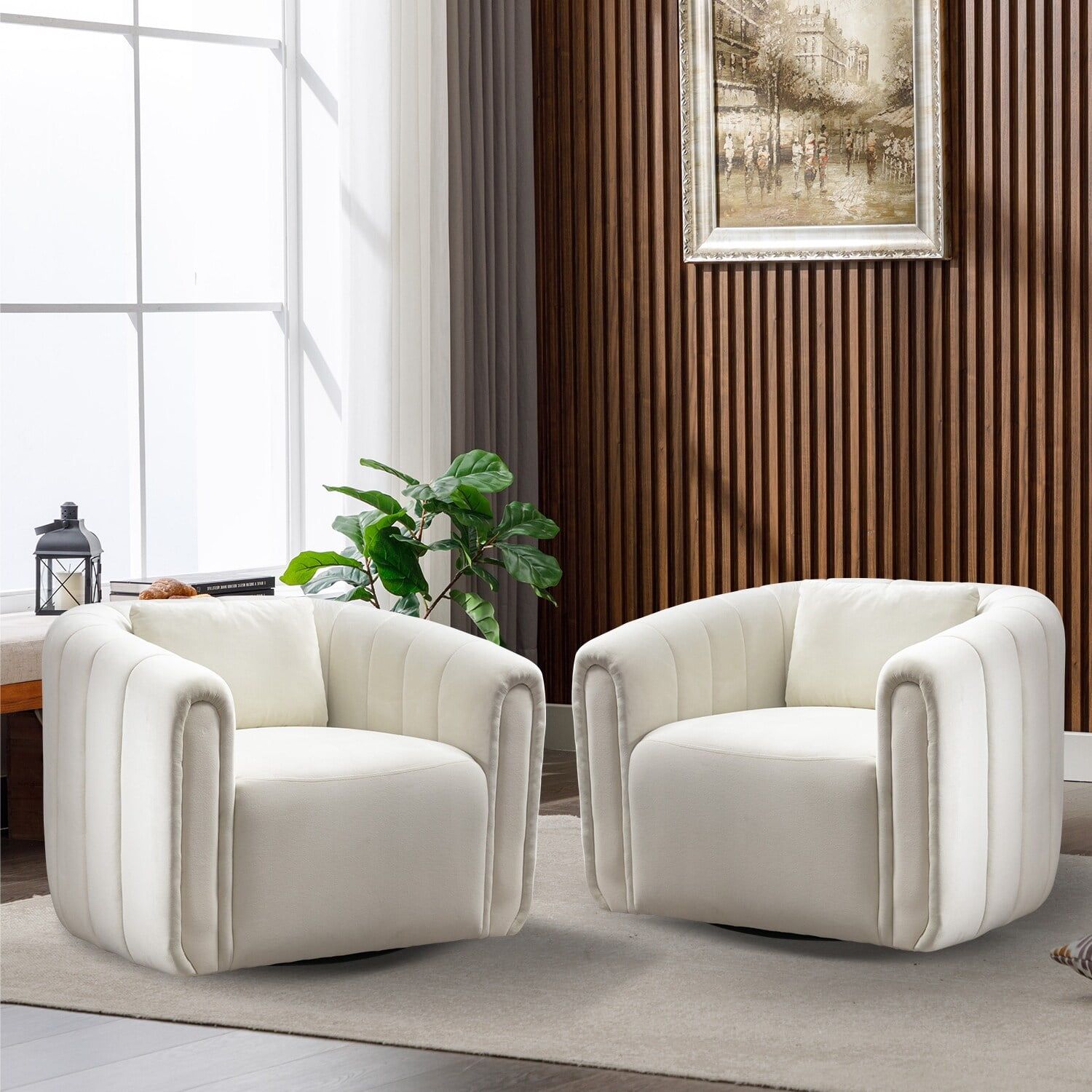 Beige Velvet Swivel Barrel Accent Chairs with Pillows, Set of 2