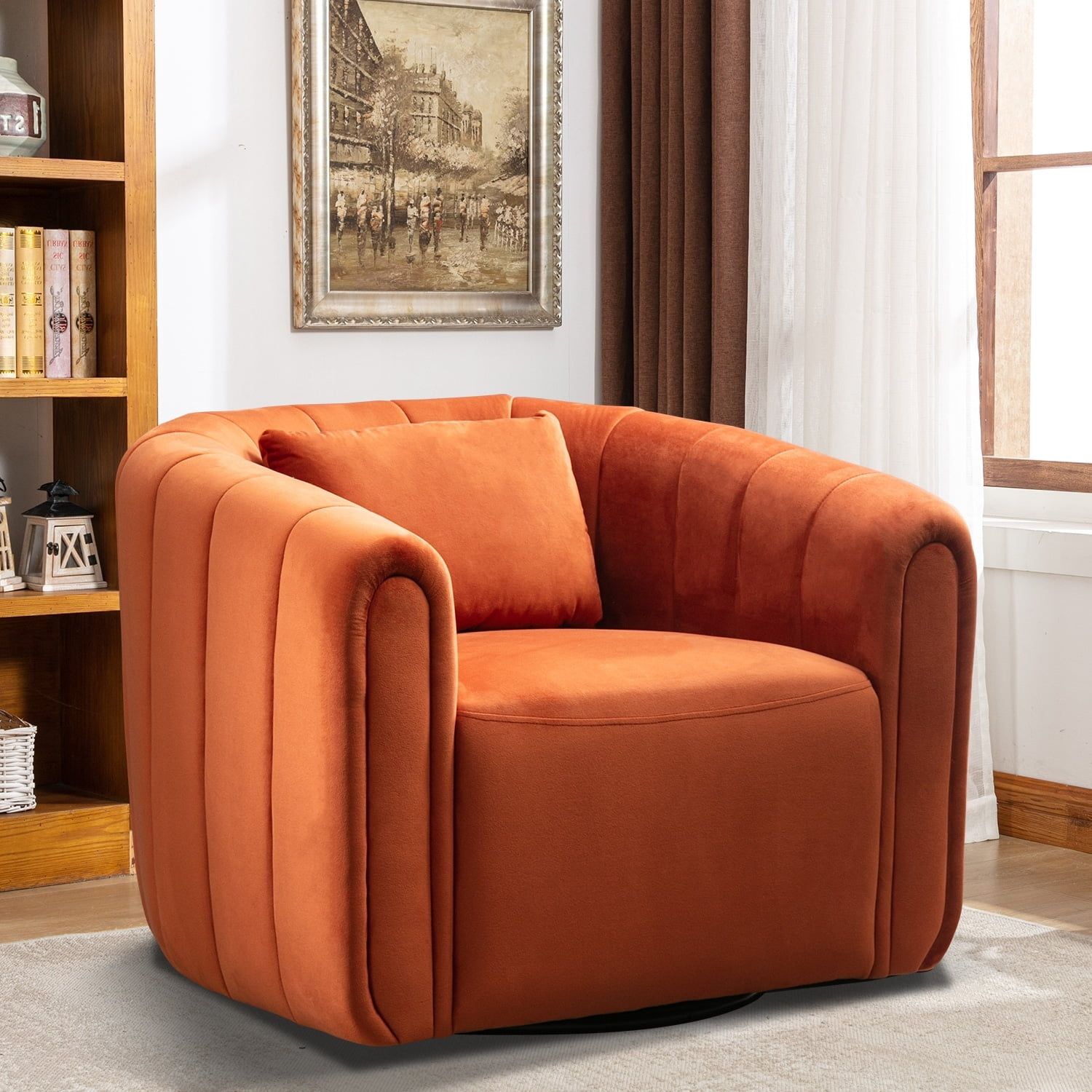 Oversized Orange Velvet Swivel Barrel Accent Chair