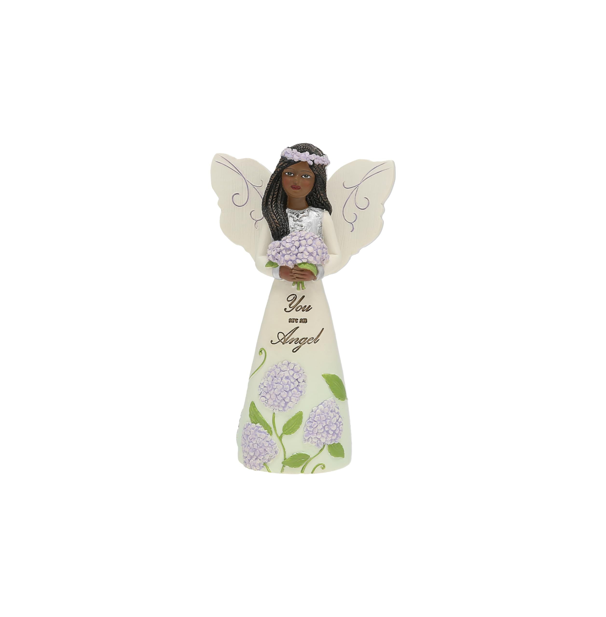 5" Cream and Silver Resin Angel Figurine with Hydrangeas