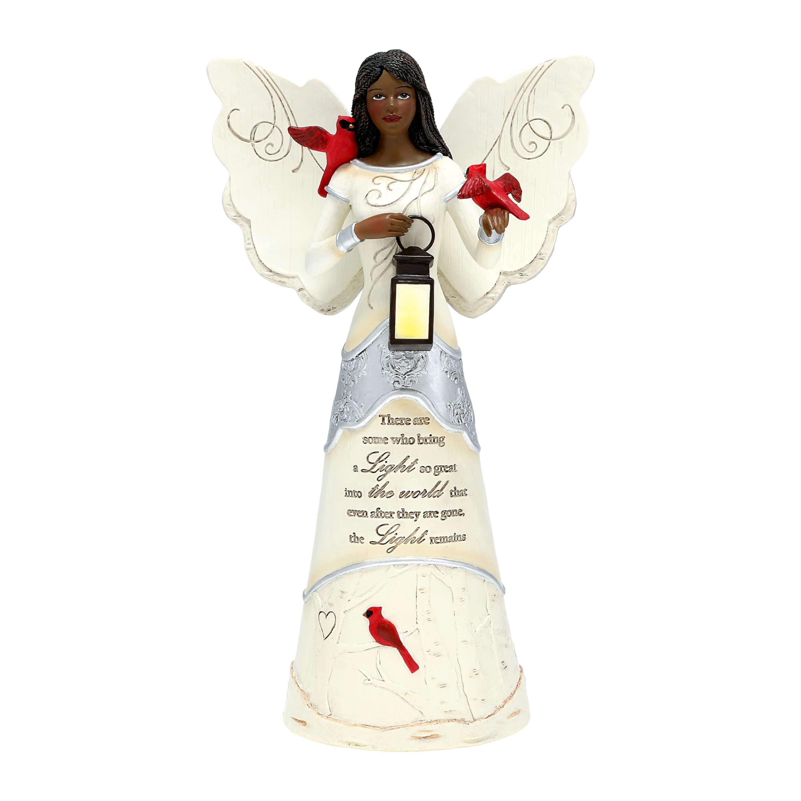 Ebony Angel Figurine with Lantern and Cardinals, 9" Resin Memorial Statue