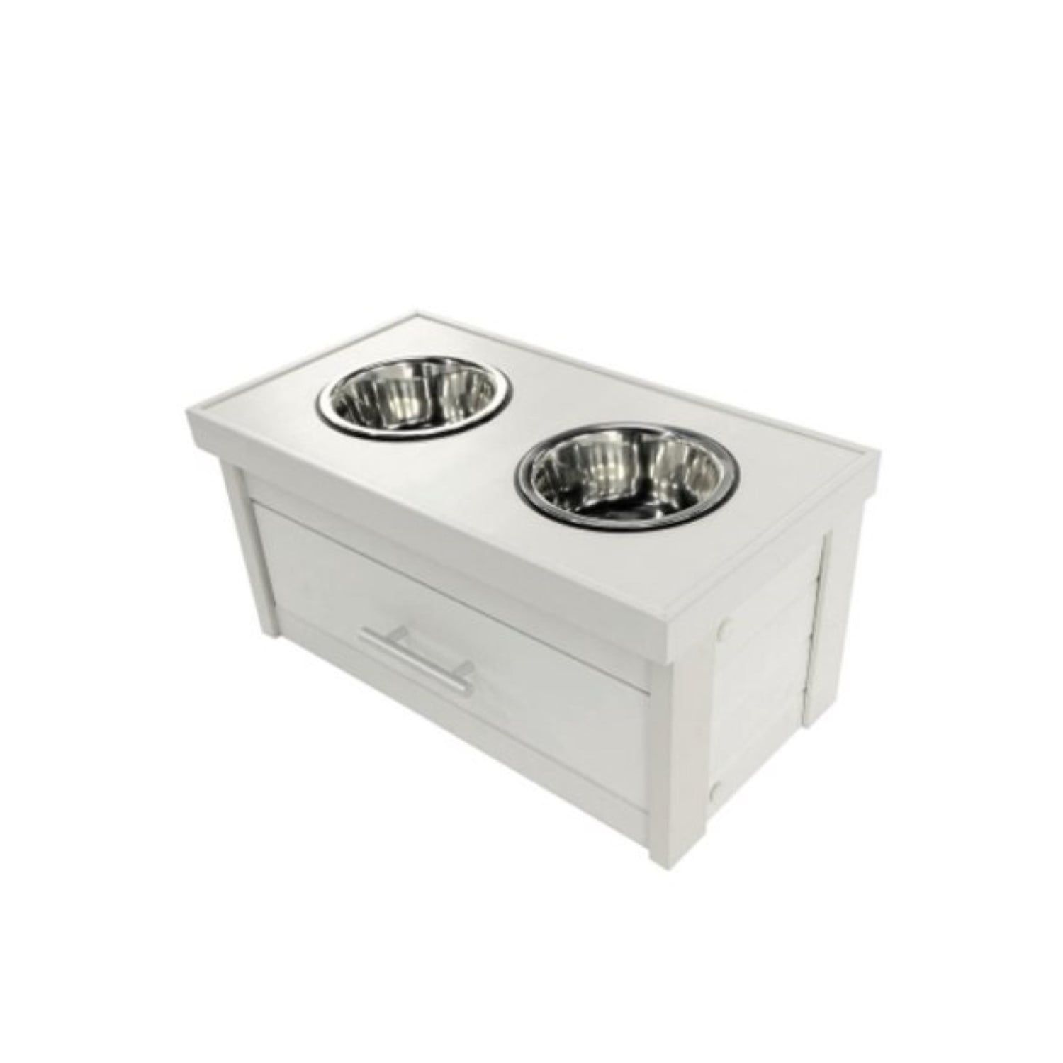 Small Antique White Elevated Dog Diner with Storage Drawer