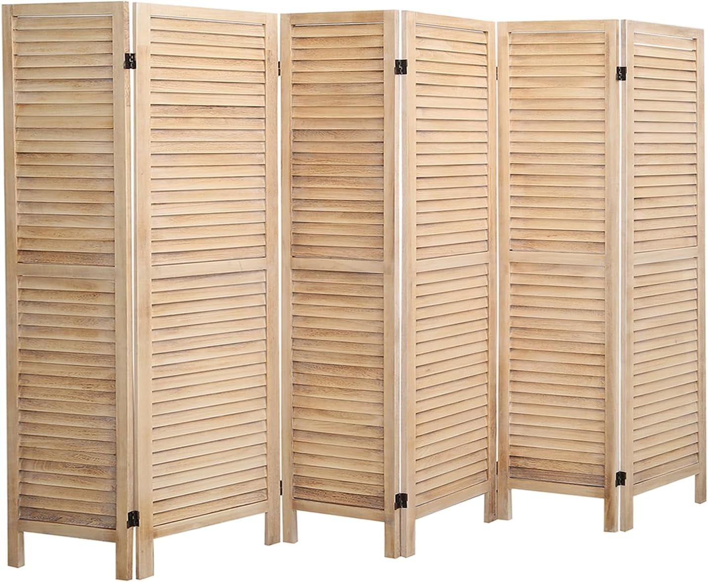 Beige 6-Panel Foldable Wood Room Divider with Louvered Design