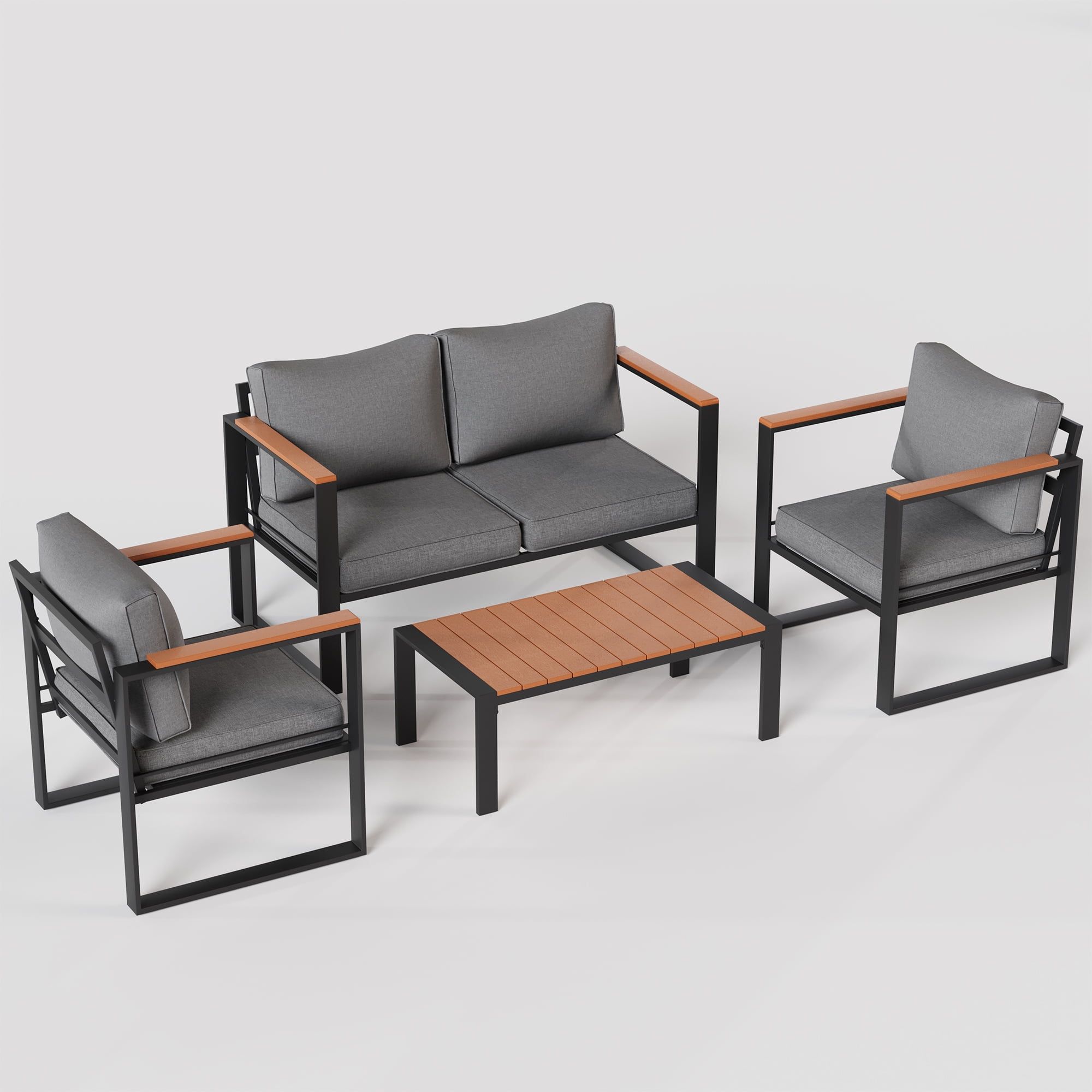 Dark Gray Steel 4-Piece Patio Conversation Set with Wood Accents