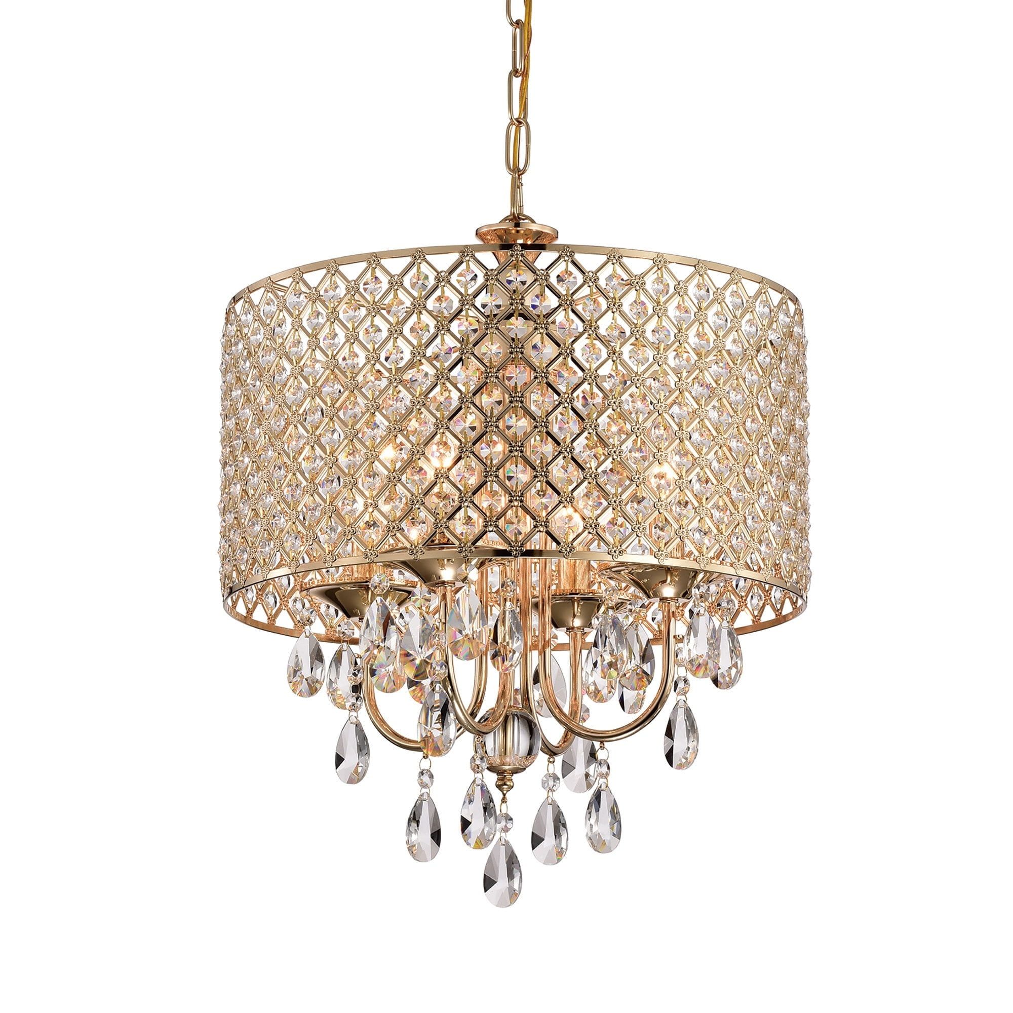 Gold Crystal Drum Chandelier with Cascading Crystals, 17"