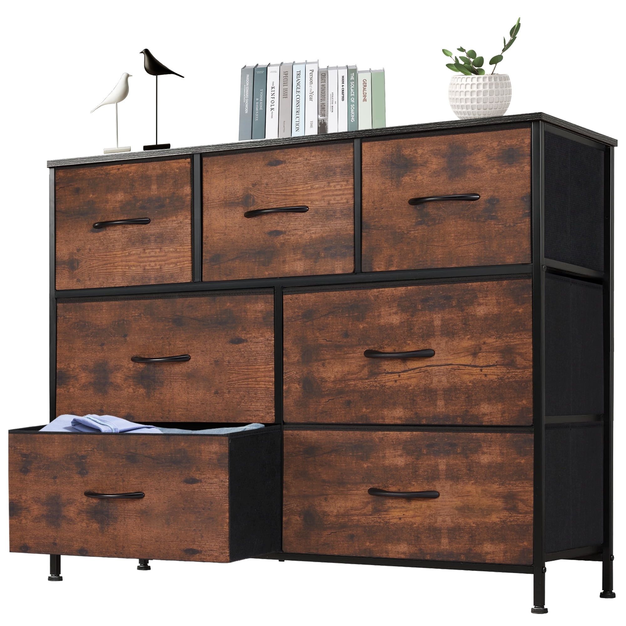 Rustic Brown 7-Drawer Fabric and Metal Storage Dresser