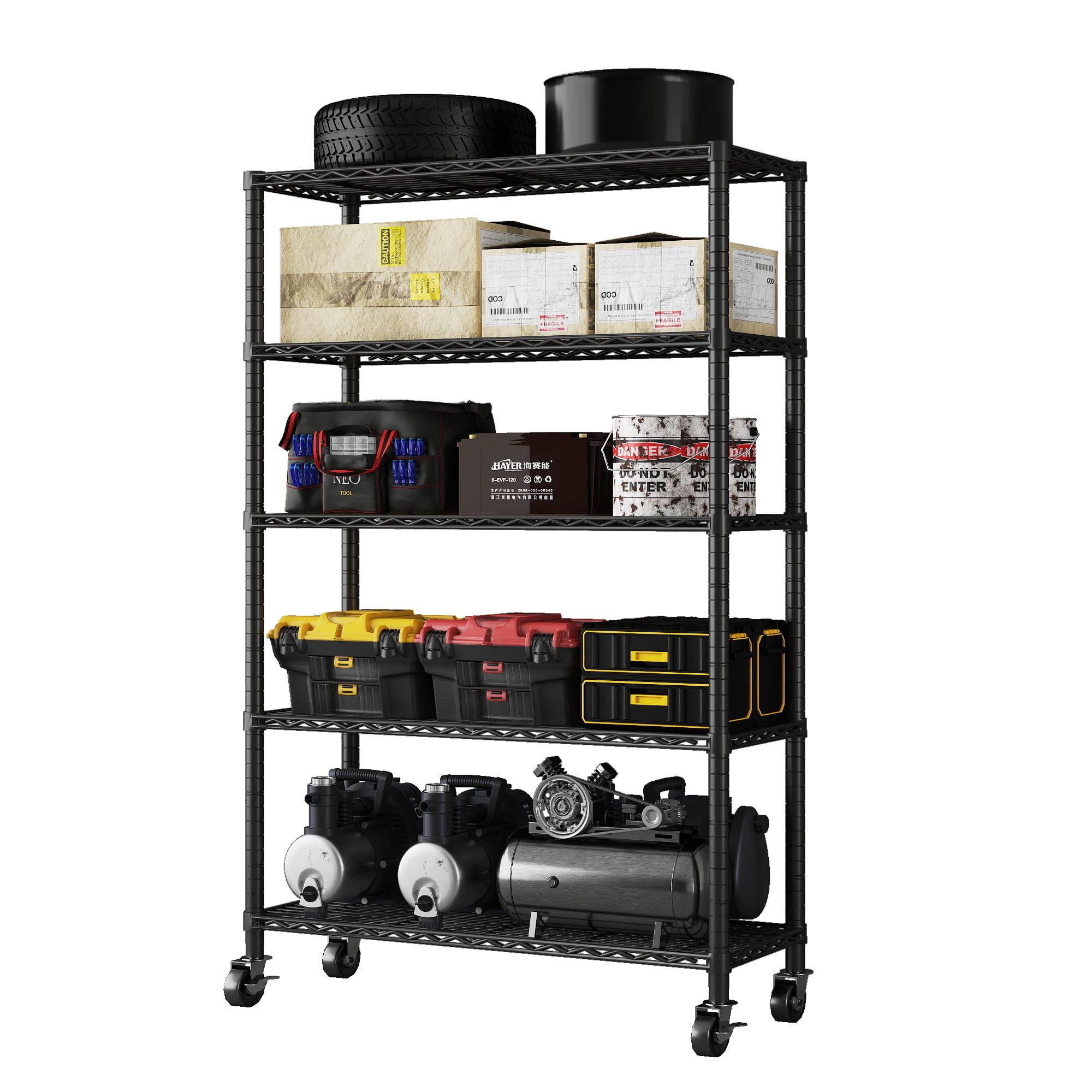 Black 5-Tier Heavy-Duty Metal Wire Storage Shelving Unit with Wheels