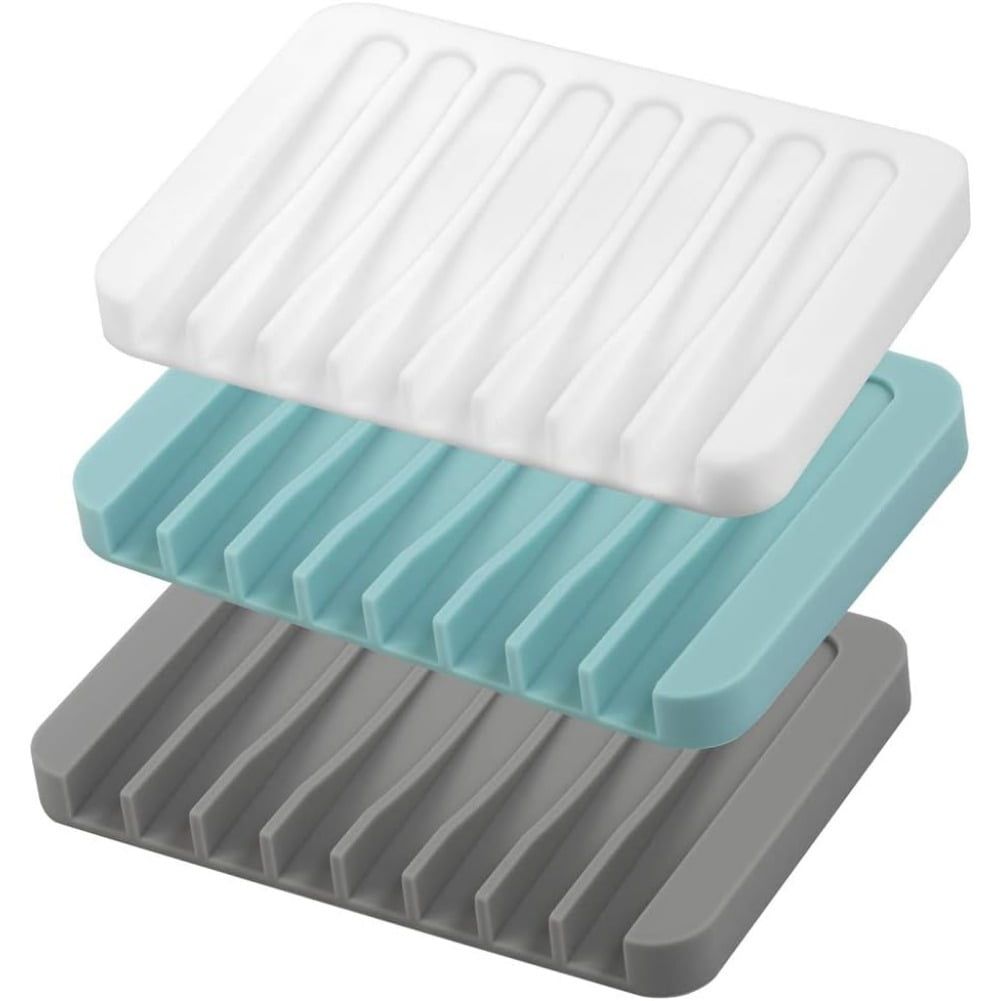 Set of 3 Self-Draining Silicone Soap Holders in White, Blue, and Gray