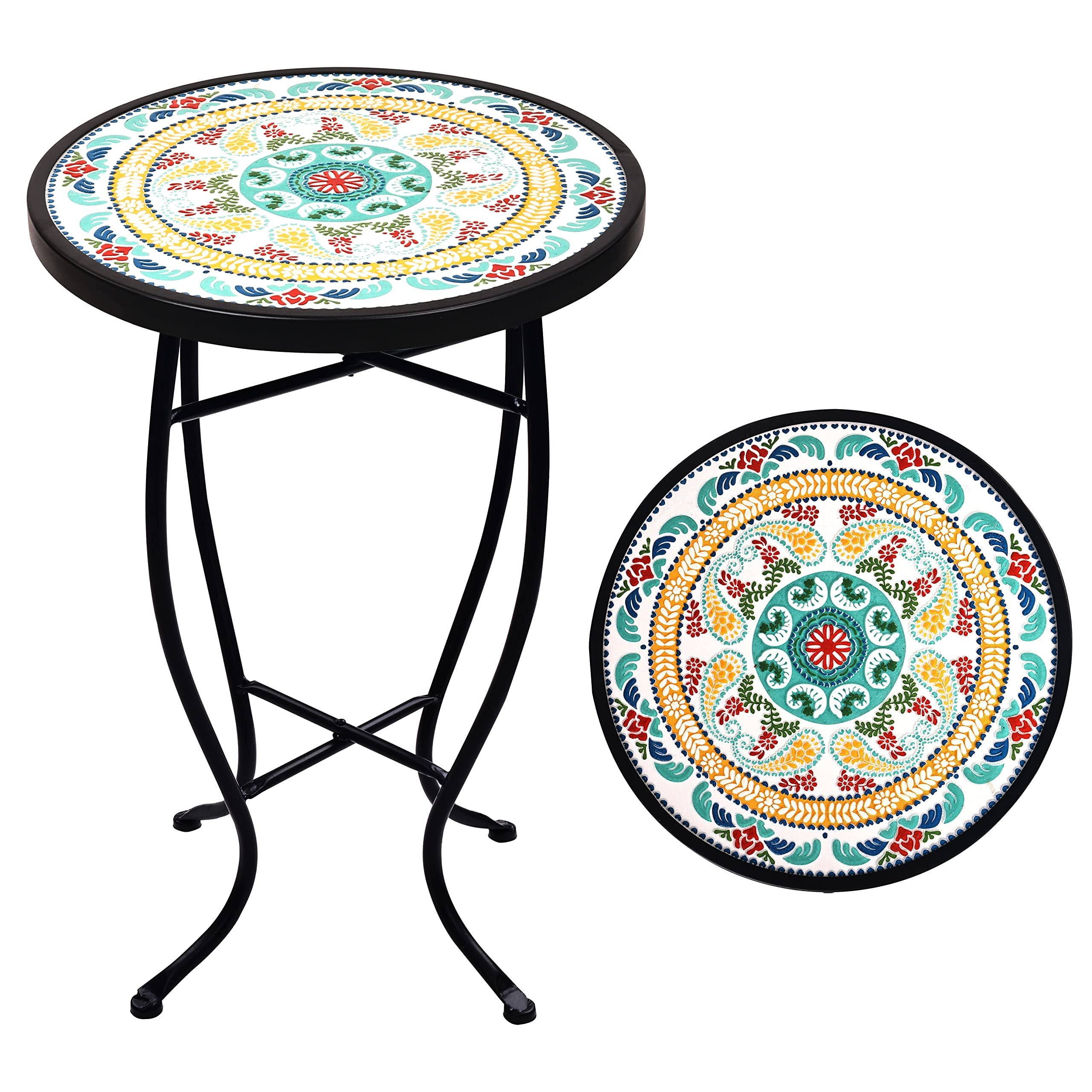 Elevon Green Mosaic Ceramic Tile Top Outdoor Side Table