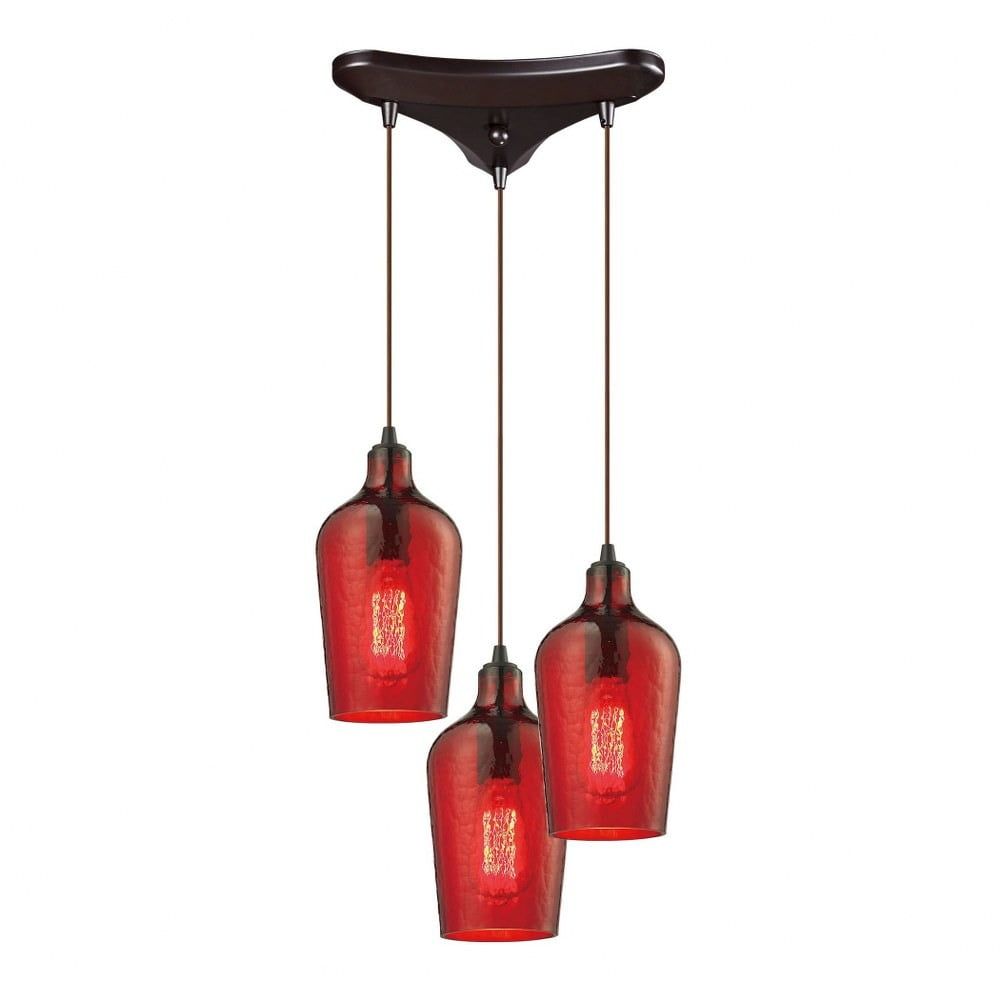 Oil Rubbed Bronze 3-Light Pendant with Red Hammered Glass Shades
