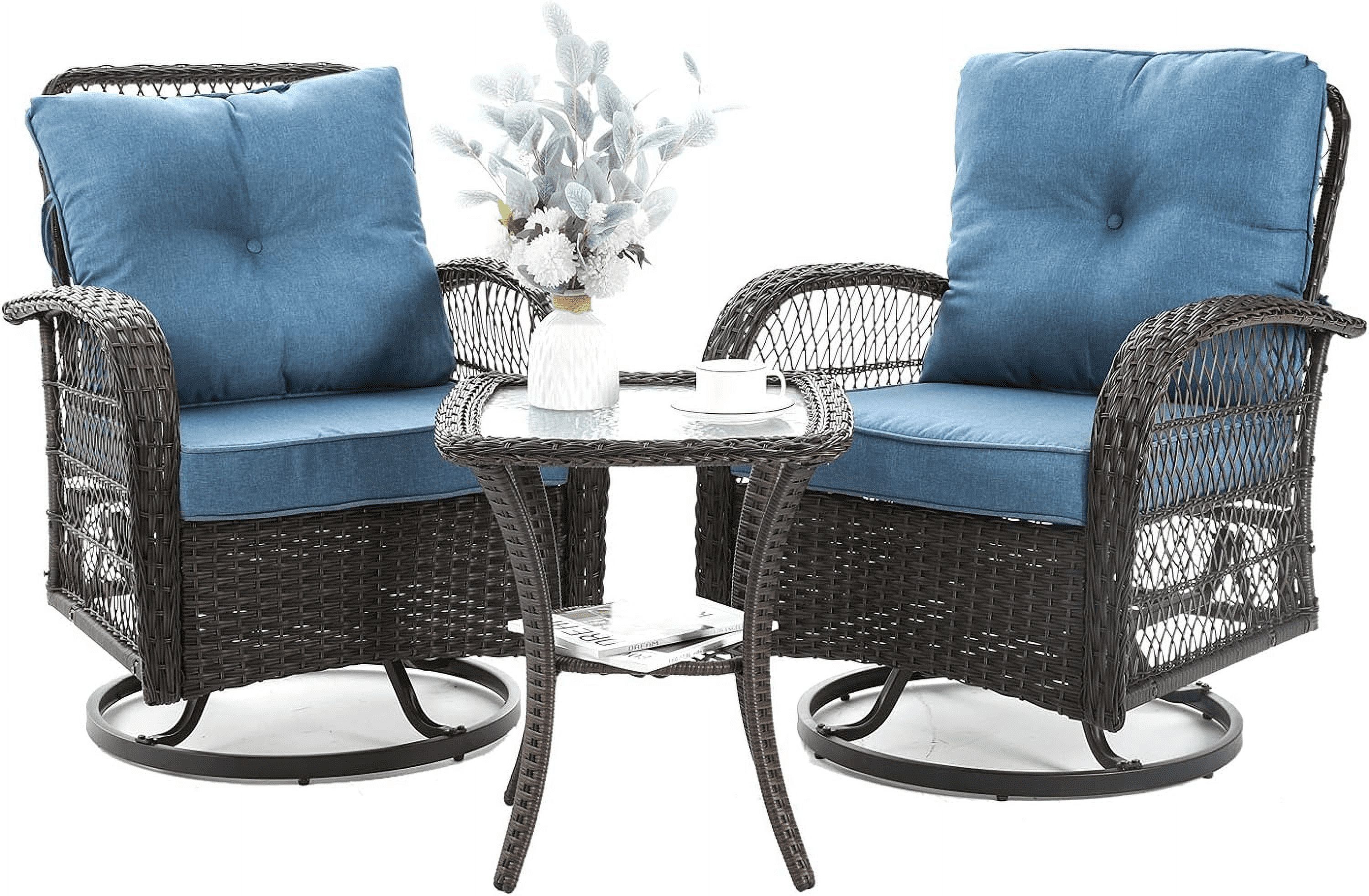 Blue Wicker Patio Bistro Set with Swivel Rocking Chairs