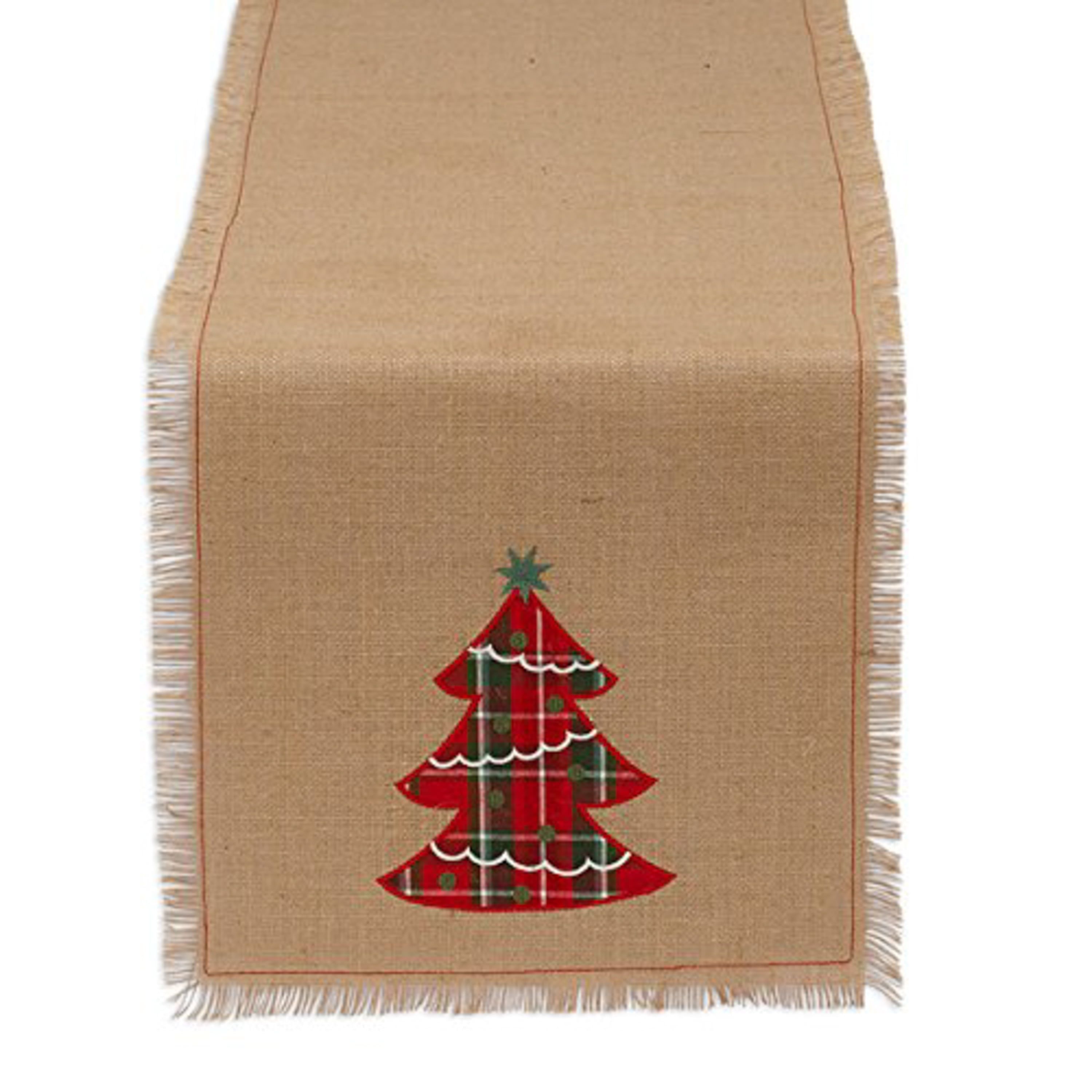 Jute Christmas Tree Embroidered Burlap Table Runner 14x72