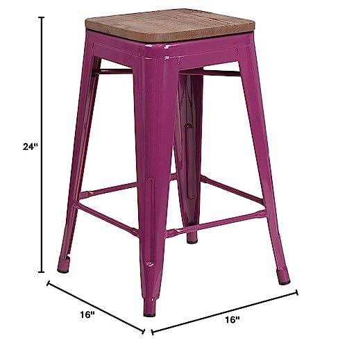 24" Backless Purple Metal & Brown Wood Counter Stool