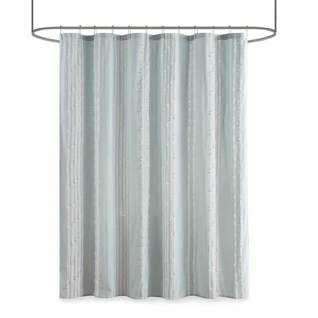 72" Aqua Blue Cotton Jacquard Shower Curtain with Frayed Embellishment