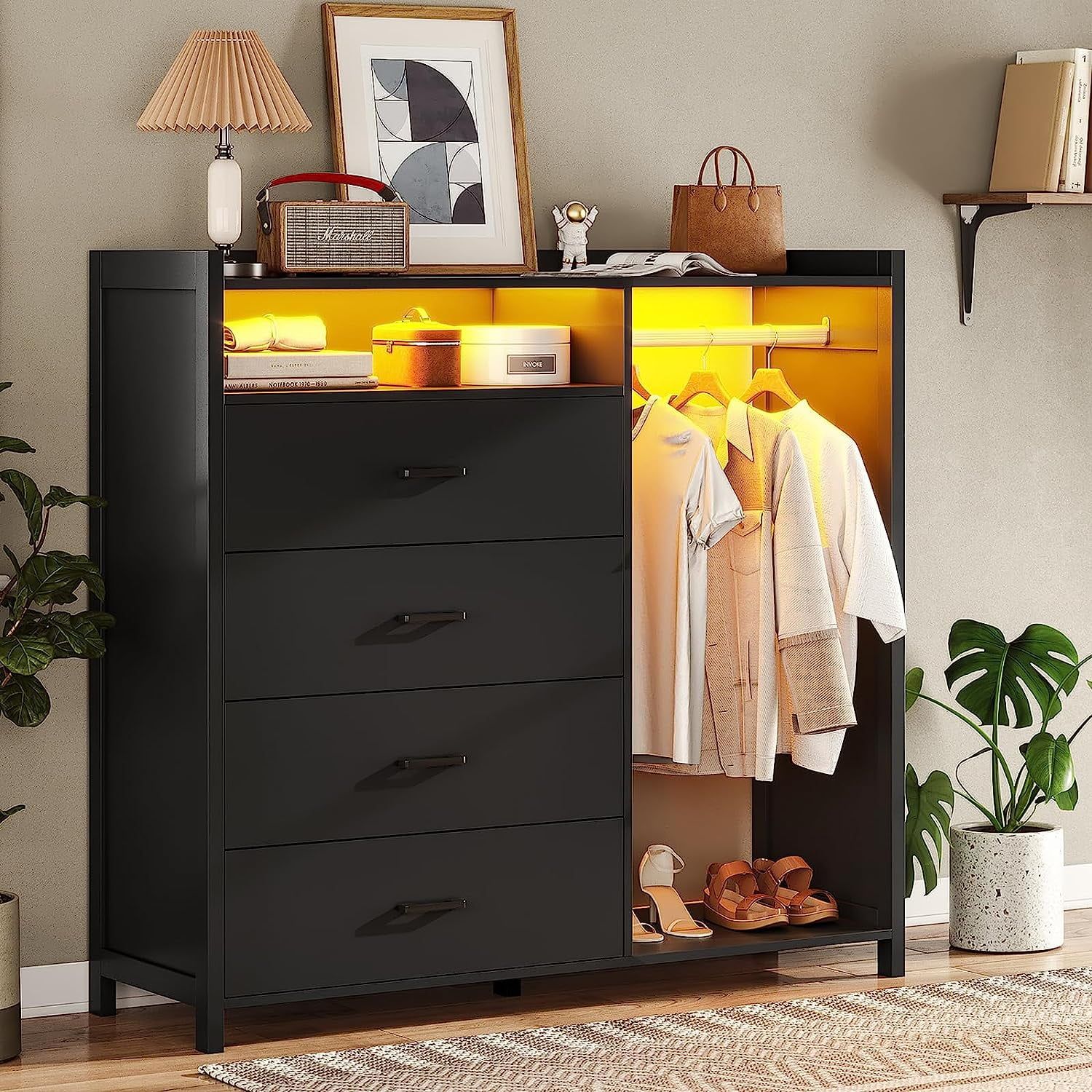 Black Modern 4-Drawer Dresser with LED Lights and Clothing Rack