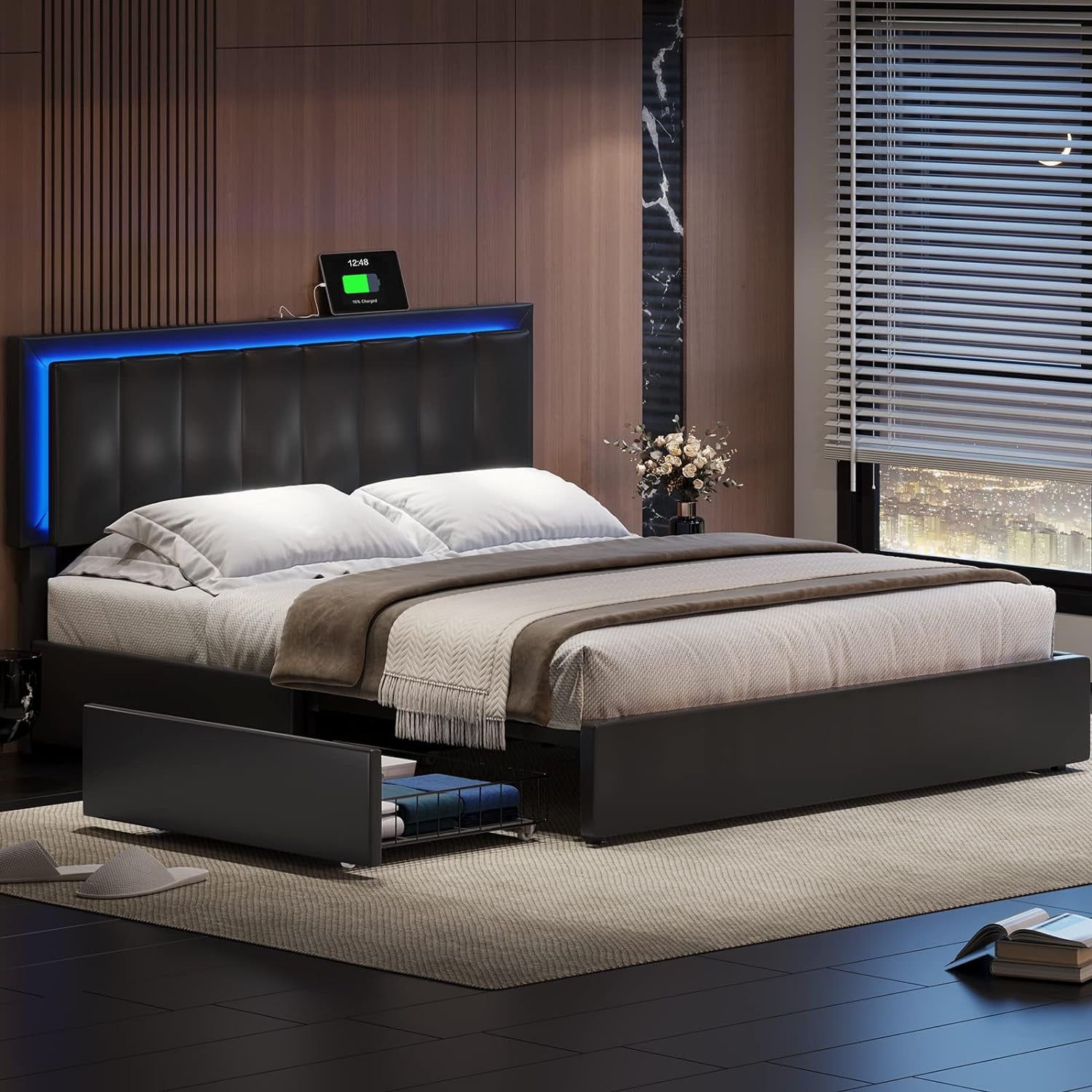 Full Size Black Faux Leather LED Bed Frame with Storage Drawers