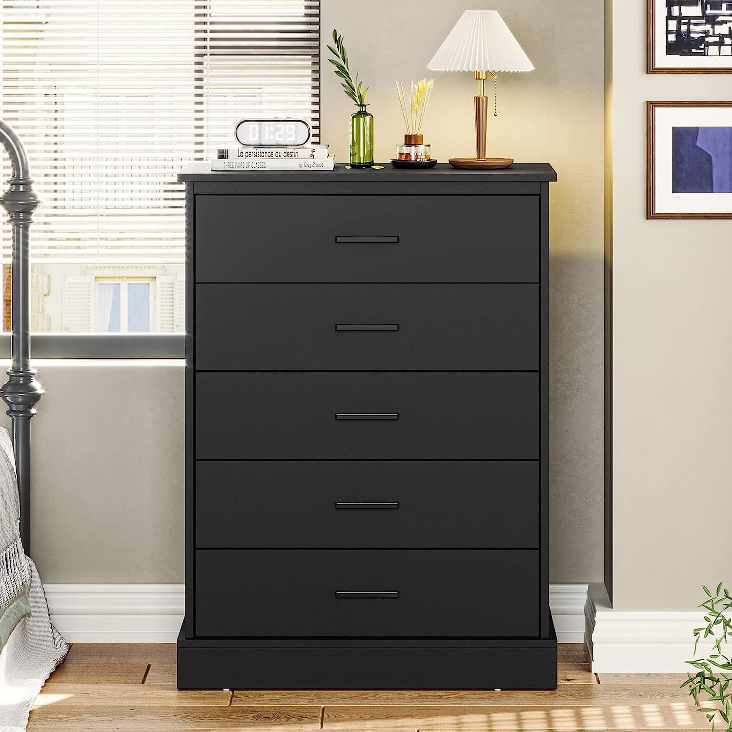 Black Tall 5-Drawer Wooden Dresser with Sturdy Base