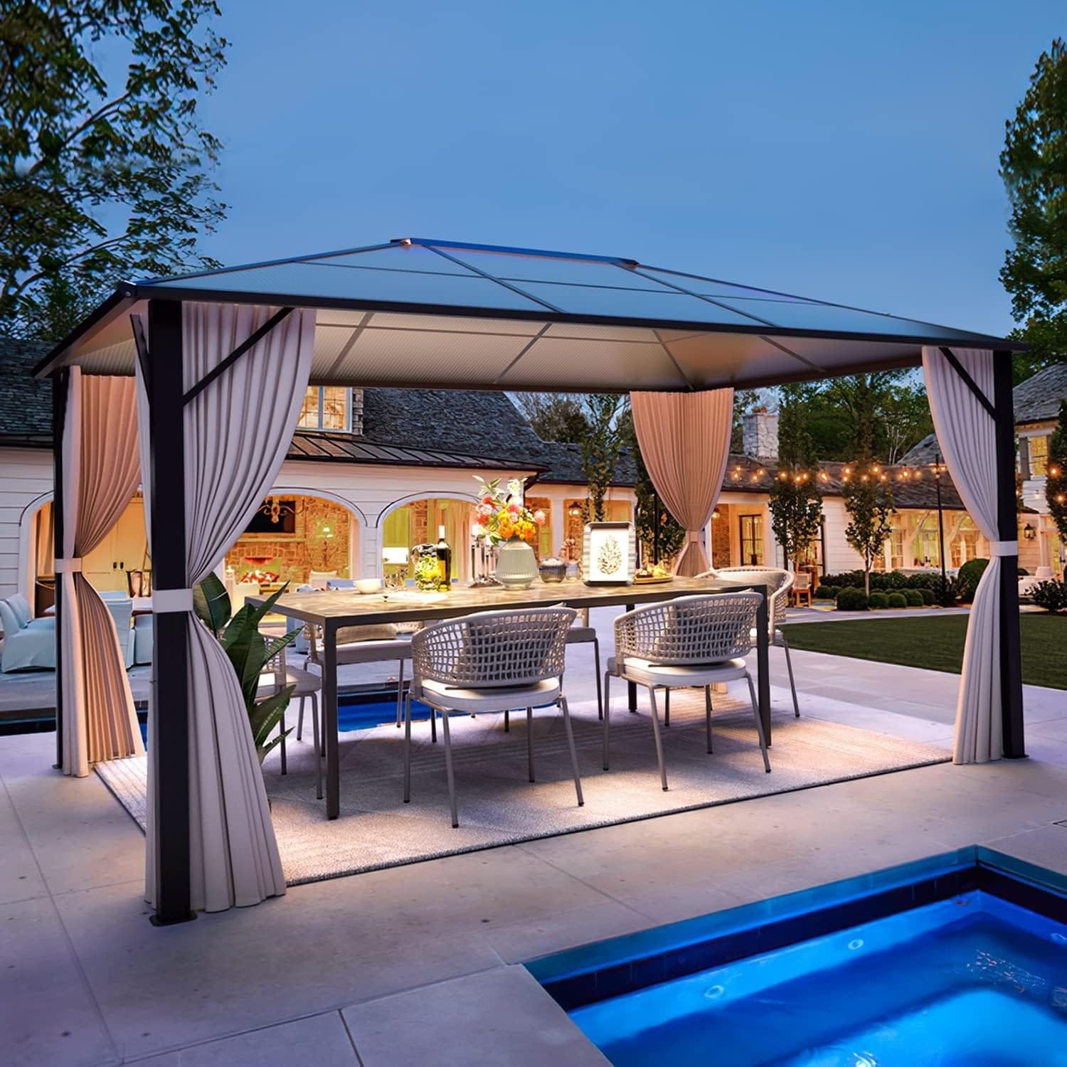 Large Single Roof Black Aluminum Outdoor Gazebo with Beige Curtains