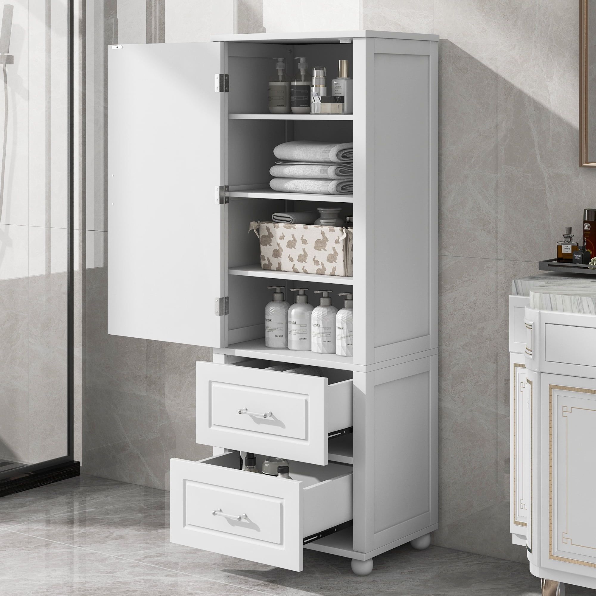 White MDF Freestanding Storage Cabinet with Adjustable Shelves