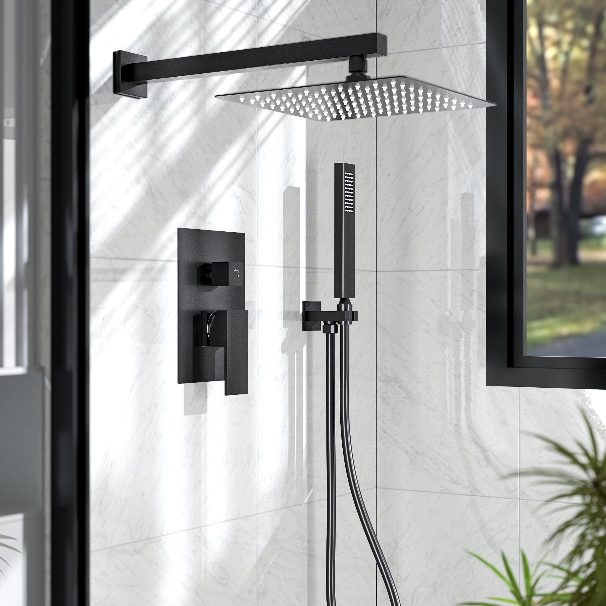 Matte Black 10-Inch Rainfall Shower System with Handheld Spray