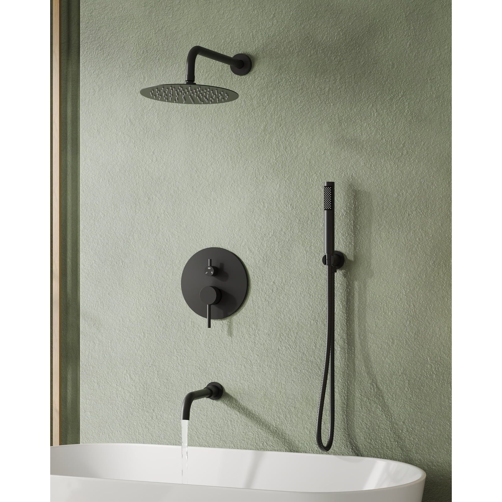 Matte Black Wall Mounted Rain Shower System with Handheld and Tub Faucet