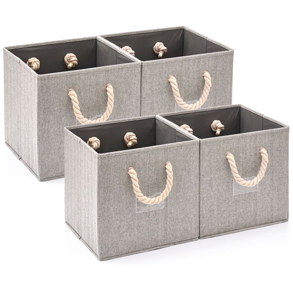 Natural Grey 12" Foldable Fabric Storage Bin with Cotton Rope Handle, Set of 4