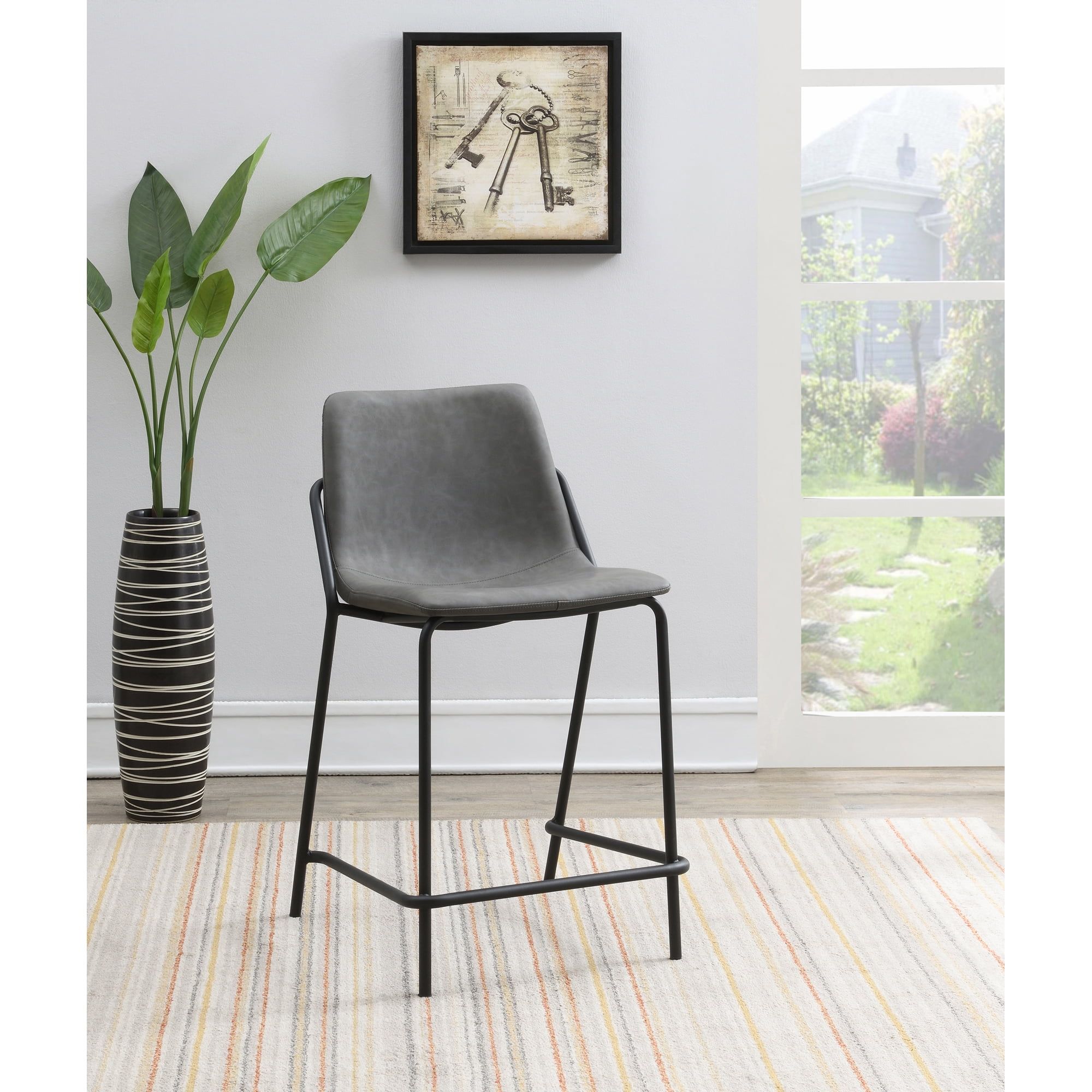 Gray Faux Leather and Black Metal Counter Height Stool