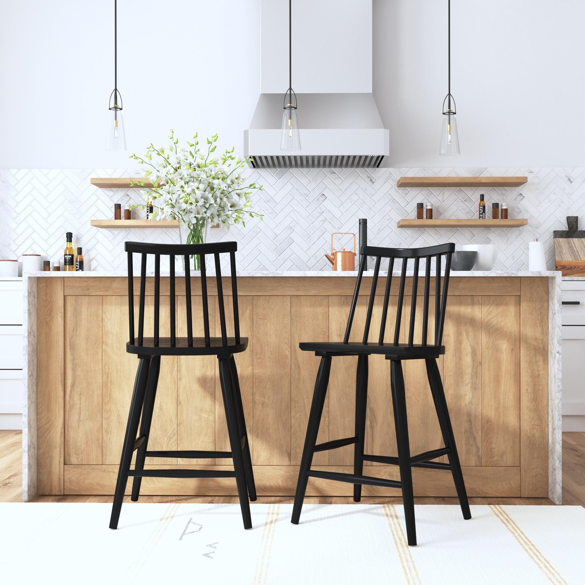 Modern Matte Black Solid Wood Spindle Back Counter Stools, Set of 2