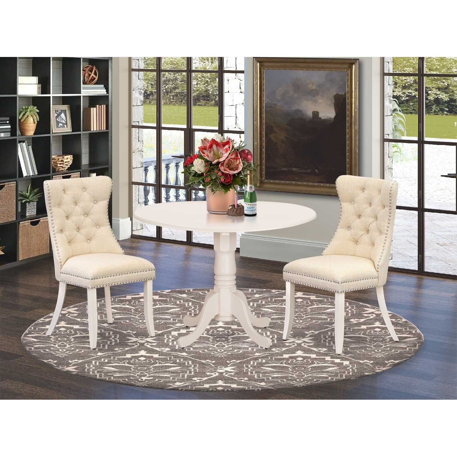 Linen White Round Drop Leaf Dining Table Set with Beige Upholstered Chairs