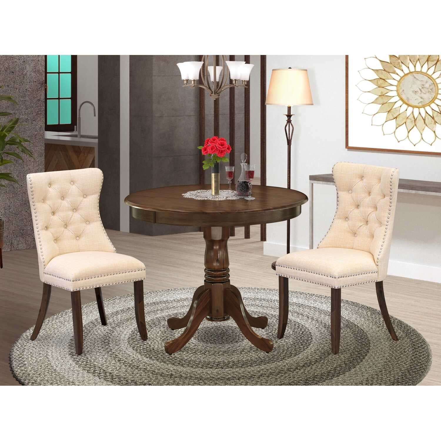 Antique Walnut 3-Piece Round Wood Dining Set with Beige Upholstered Chairs