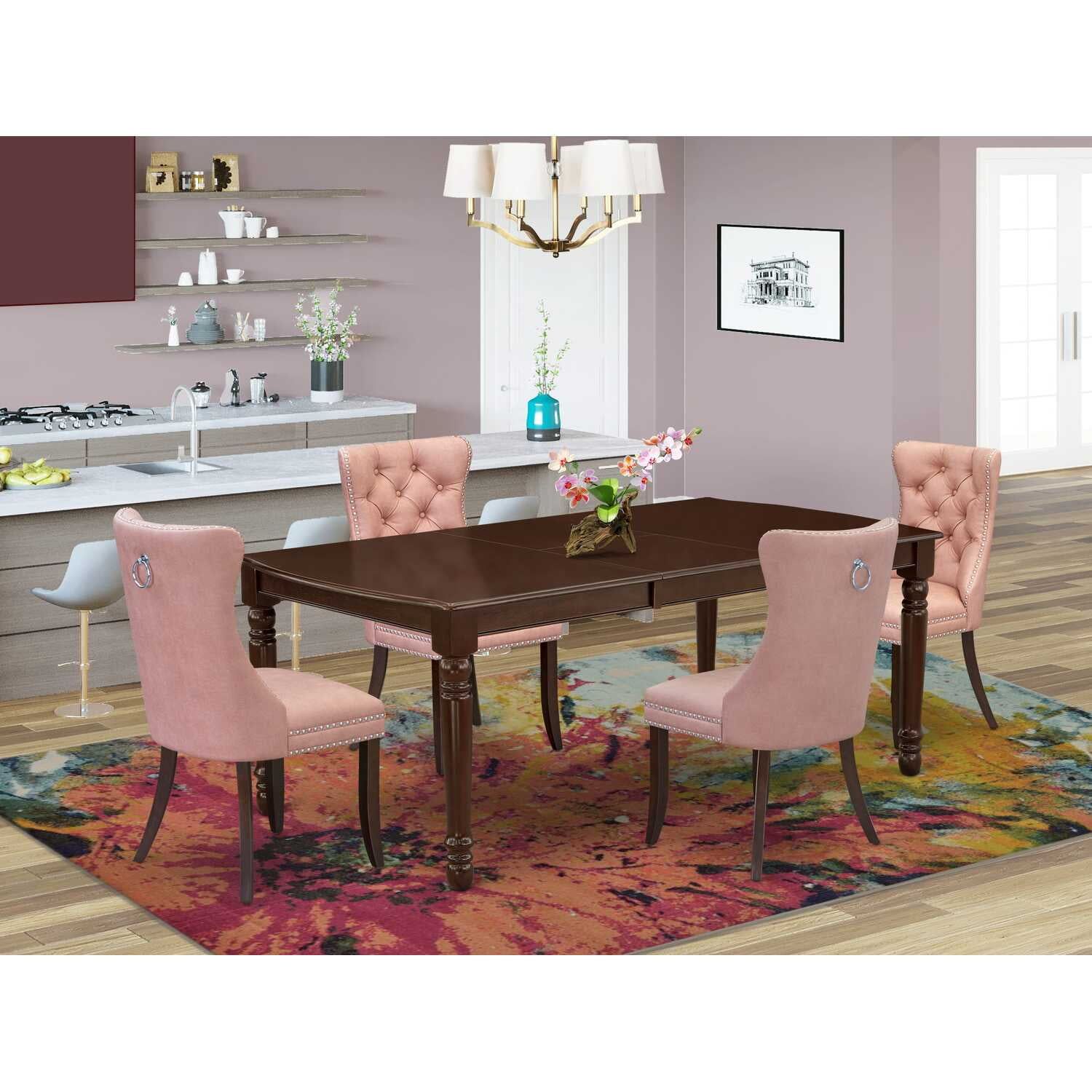 Mahogany Extendable Dining Table with Pink Upholstered Chairs