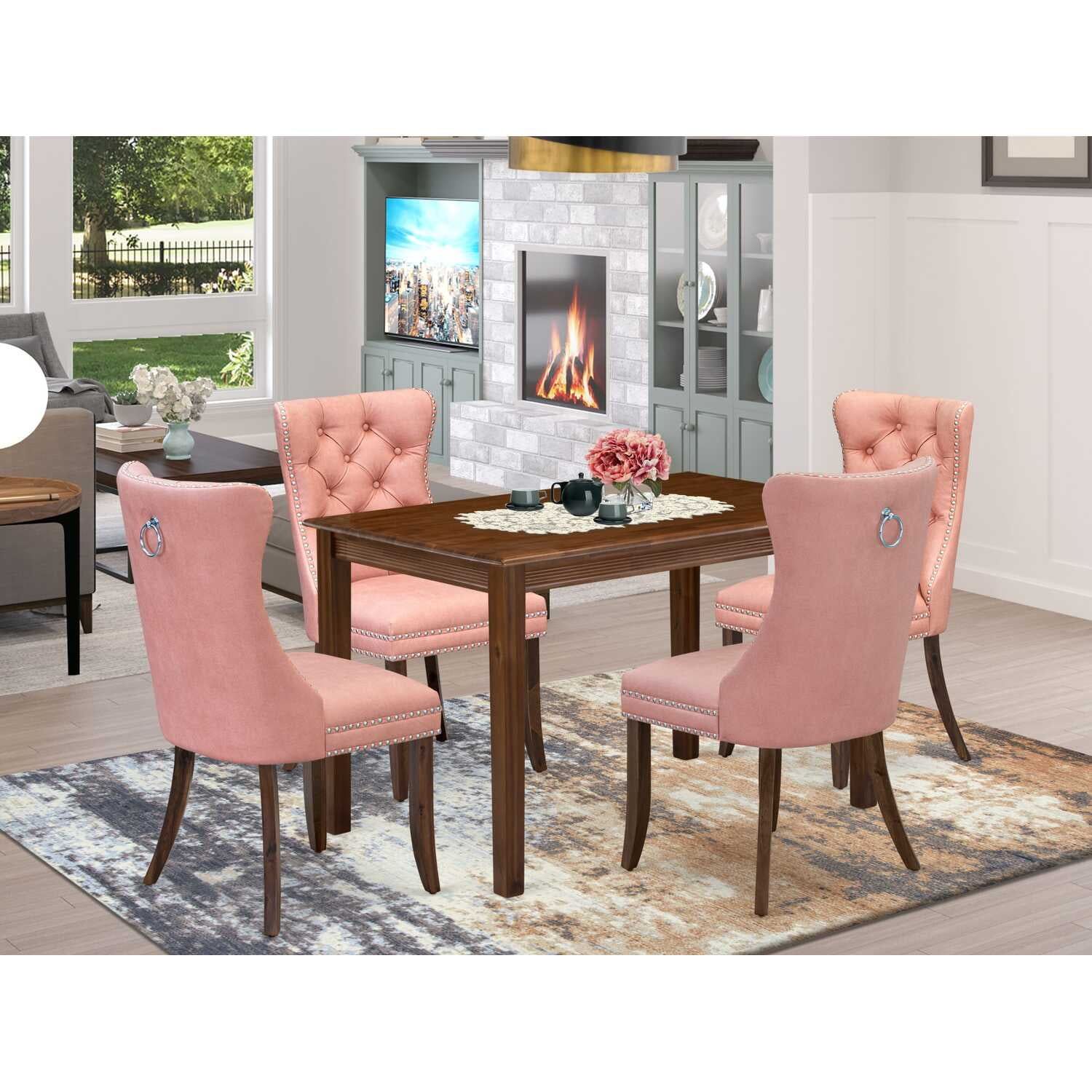 Antique Walnut 5-Piece Dining Set with Pink Upholstered Chairs