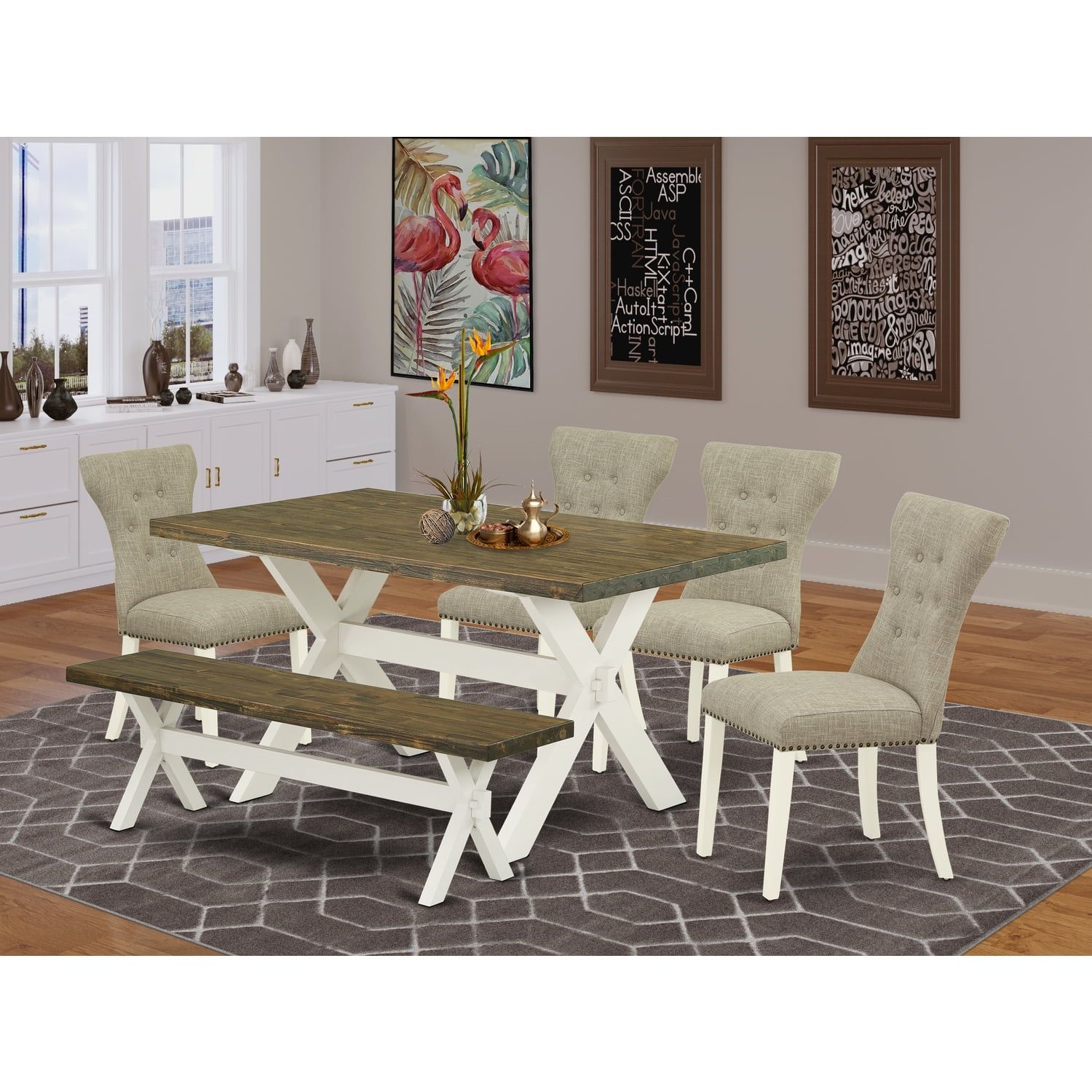 Linen White and Distressed Jacobean 6-Piece Dining Set with Padded Chairs and Bench