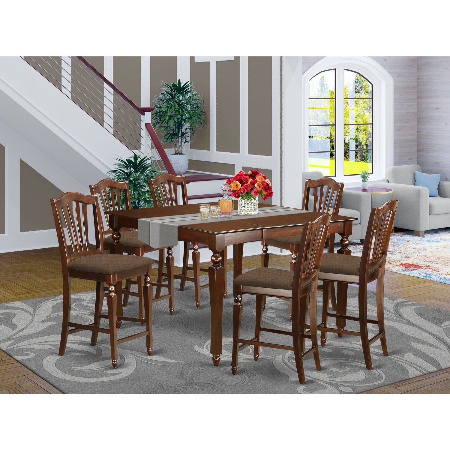 Mahogany 54" Square Pub Table with 6 Upholstered Chairs